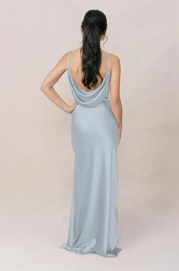Soft Mermaid Cowl Neck Spaghetti Strap Cowl Back Slit Floor-Length Bridesmaid Dress