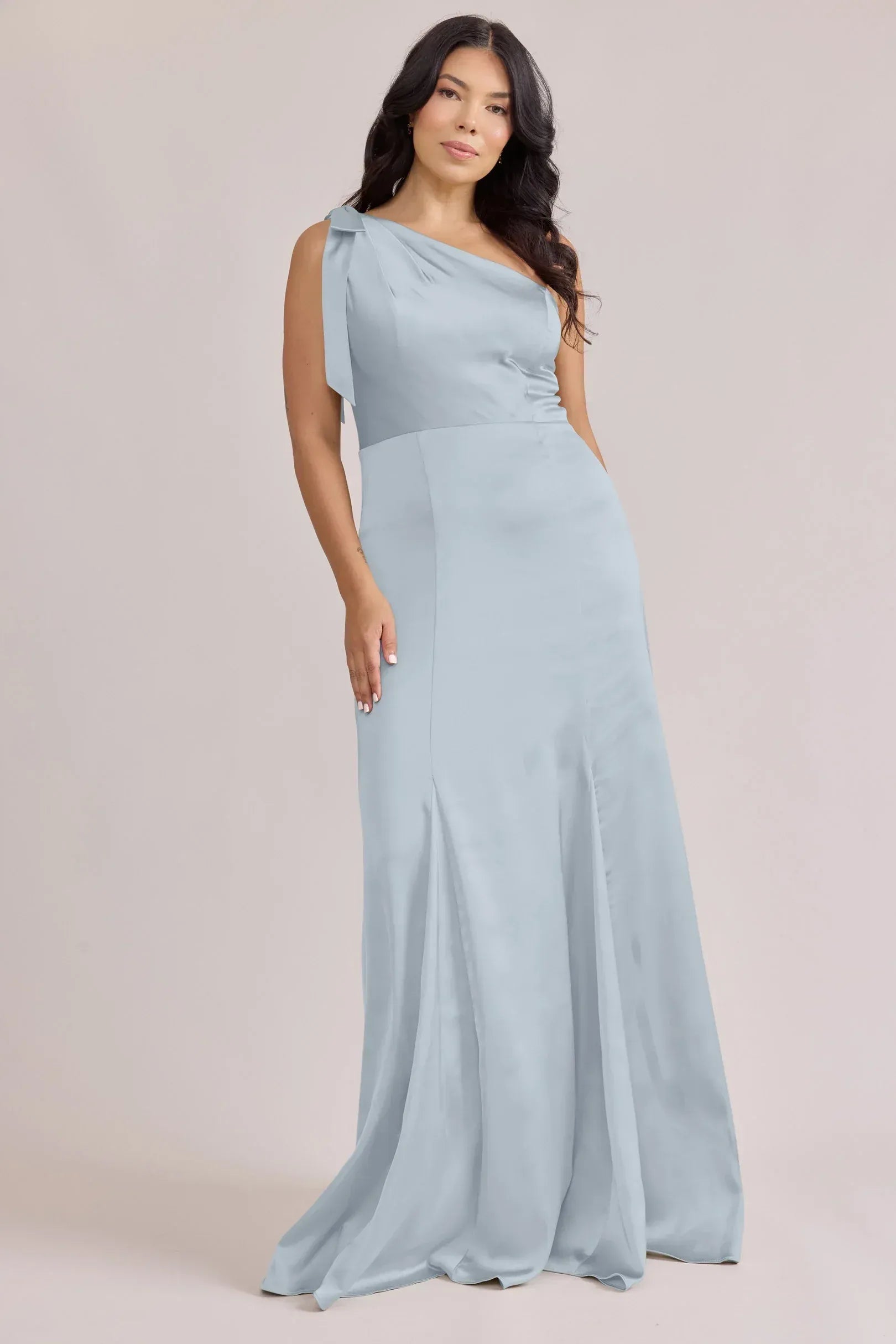 Soft Mermaid One-Shoulder Bow Tie Sleeveless Open Back Floor-Length Bridesmaid Dress