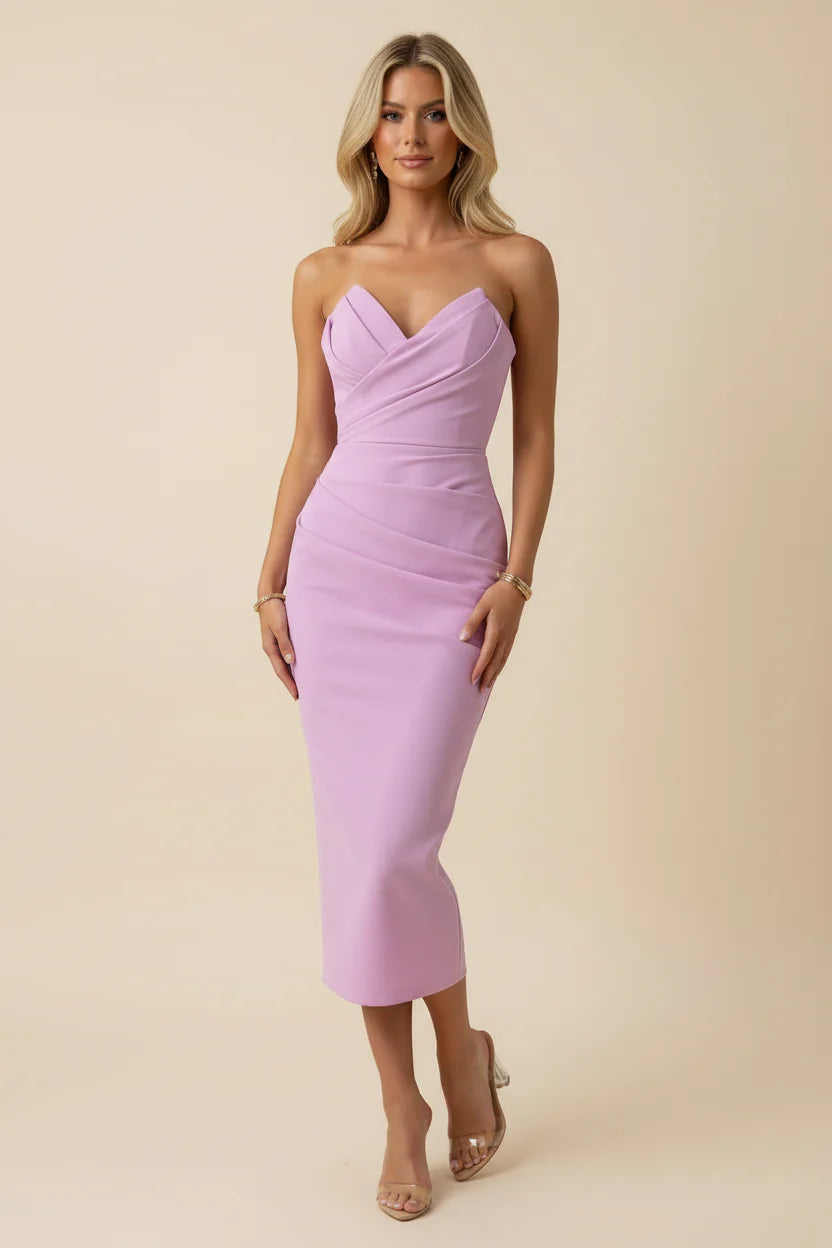 Soft Midi Strapless Sweetheart Ruched Bodycon Wedding Guest Dress