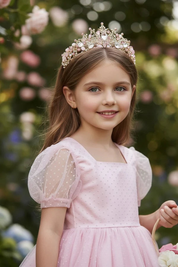 Soft Pink Dot Tulle A Line Square Neck Puff Sleeve Bow Back Knee Length Flower Girl Party Dress