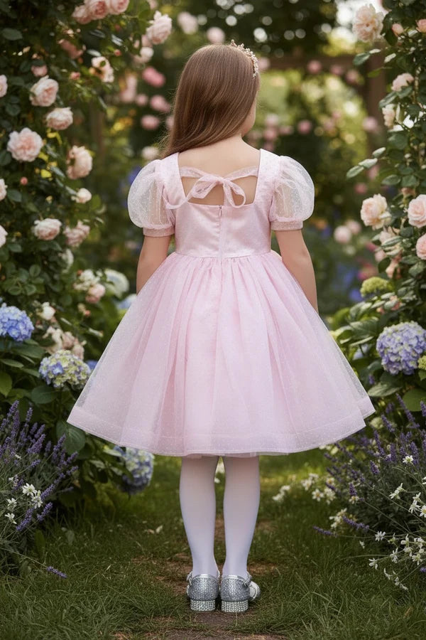 Soft Pink Dot Tulle A Line Square Neck Puff Sleeve Bow Back Knee Length Flower Girl Party Dress