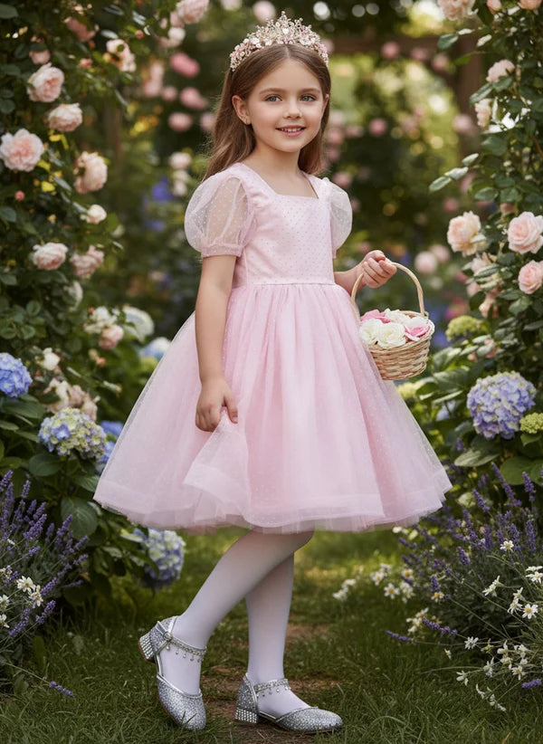 Soft Pink Dot Tulle A Line Square Neck Puff Sleeve Bow Back Knee Length Flower Girl Party Dress
