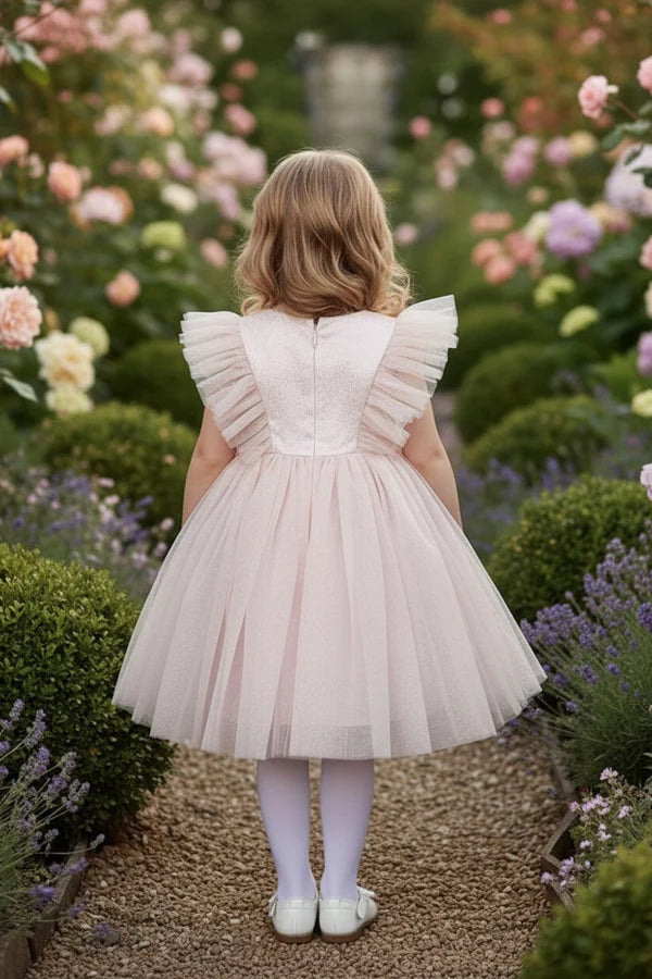 Soft Pink Glitter Tulle A Line Round Neck Ruffle Cap Sleeve Plain Back Knee Length Flower Girl Party Dress