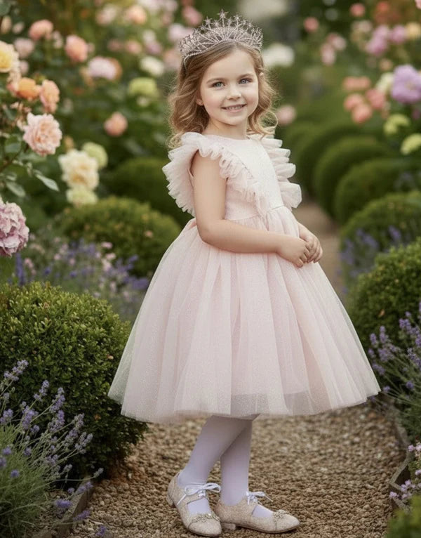 Soft Pink Glitter Tulle A Line Round Neck Ruffle Cap Sleeve Plain Back Knee Length Flower Girl Party Dress