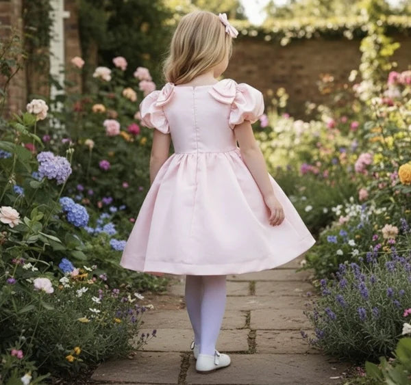 Soft Pink Satin A Line Square Neck Puff Short Sleeve Plain Back Knee Length Flower Girl Wedding Dress