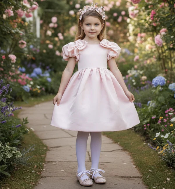 Soft Pink Satin A Line Square Neck Puff Short Sleeve Plain Back Knee Length Flower Girl Wedding Dress