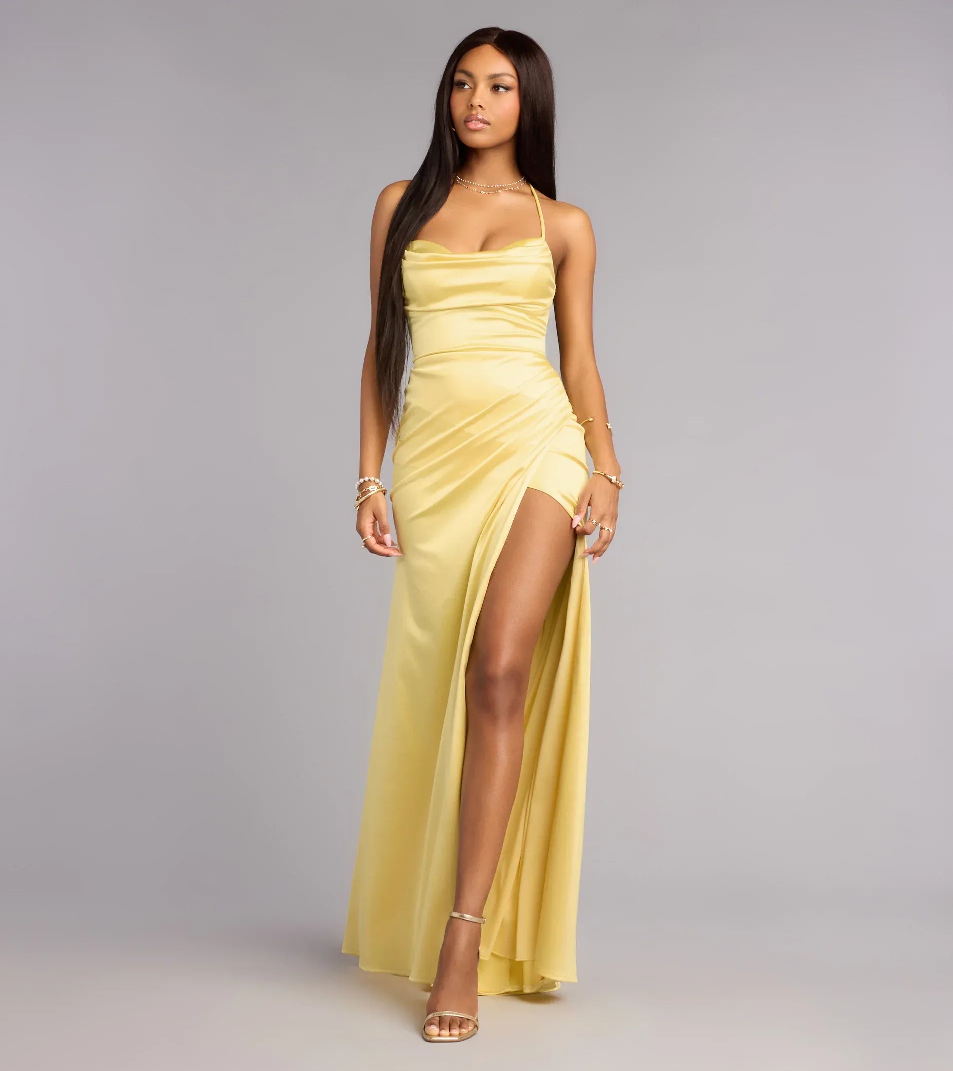 Soft Yellow Mermaid Spaghetti Strap Cowl Lace Up Back High Slit Floor Length Wedding Guest Dresses