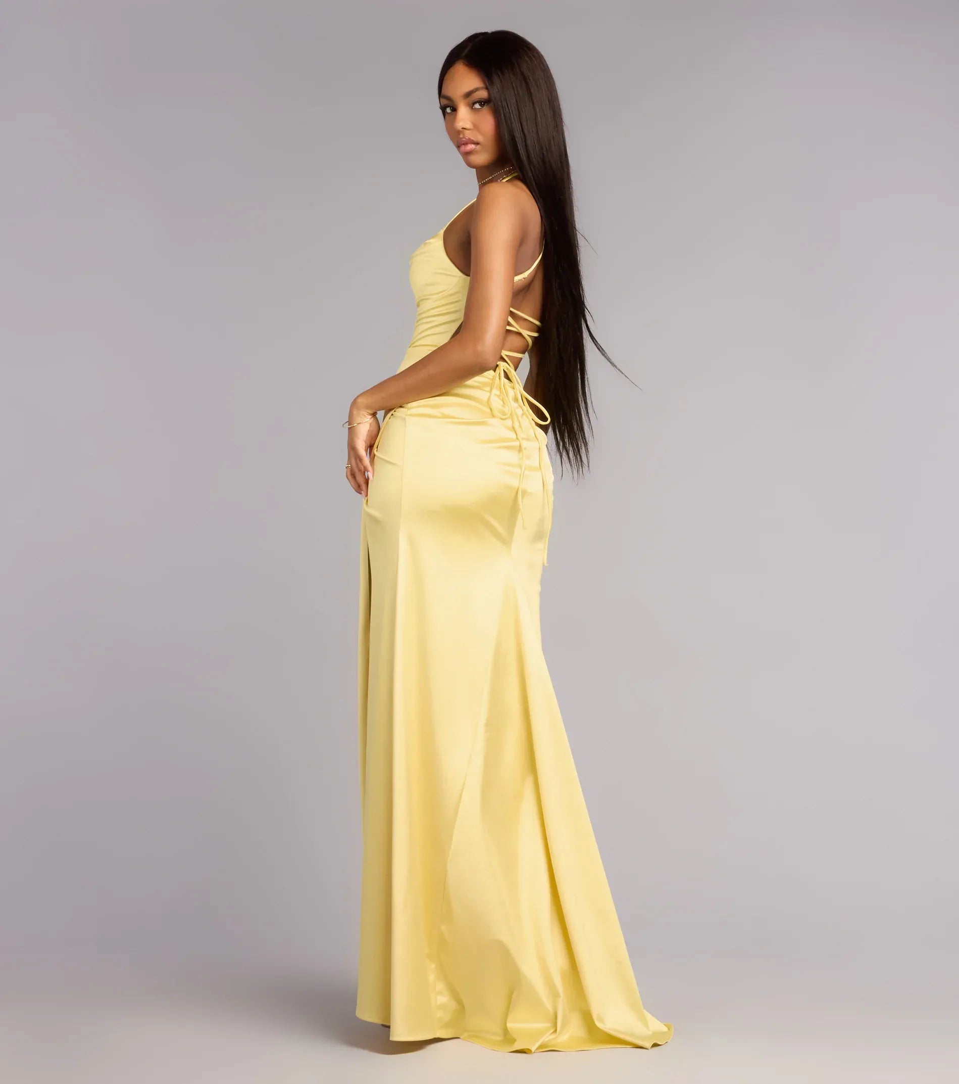 Soft Yellow Mermaid Spaghetti Strap Cowl Lace Up Back High Slit Floor Length Wedding Guest Dresses