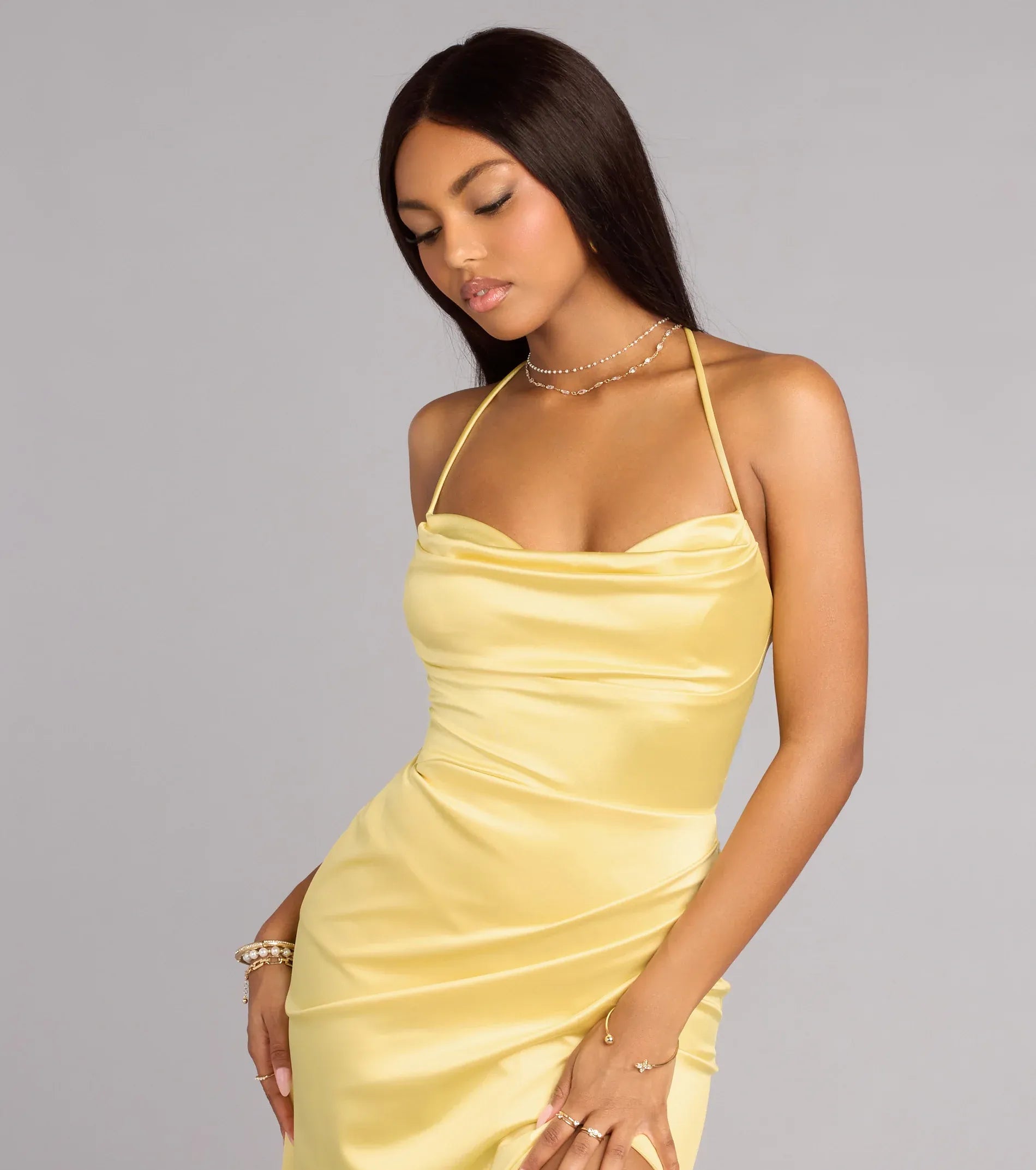 Soft Yellow Mermaid Spaghetti Strap Cowl Lace Up Back High Slit Floor Length Wedding Guest Dresses