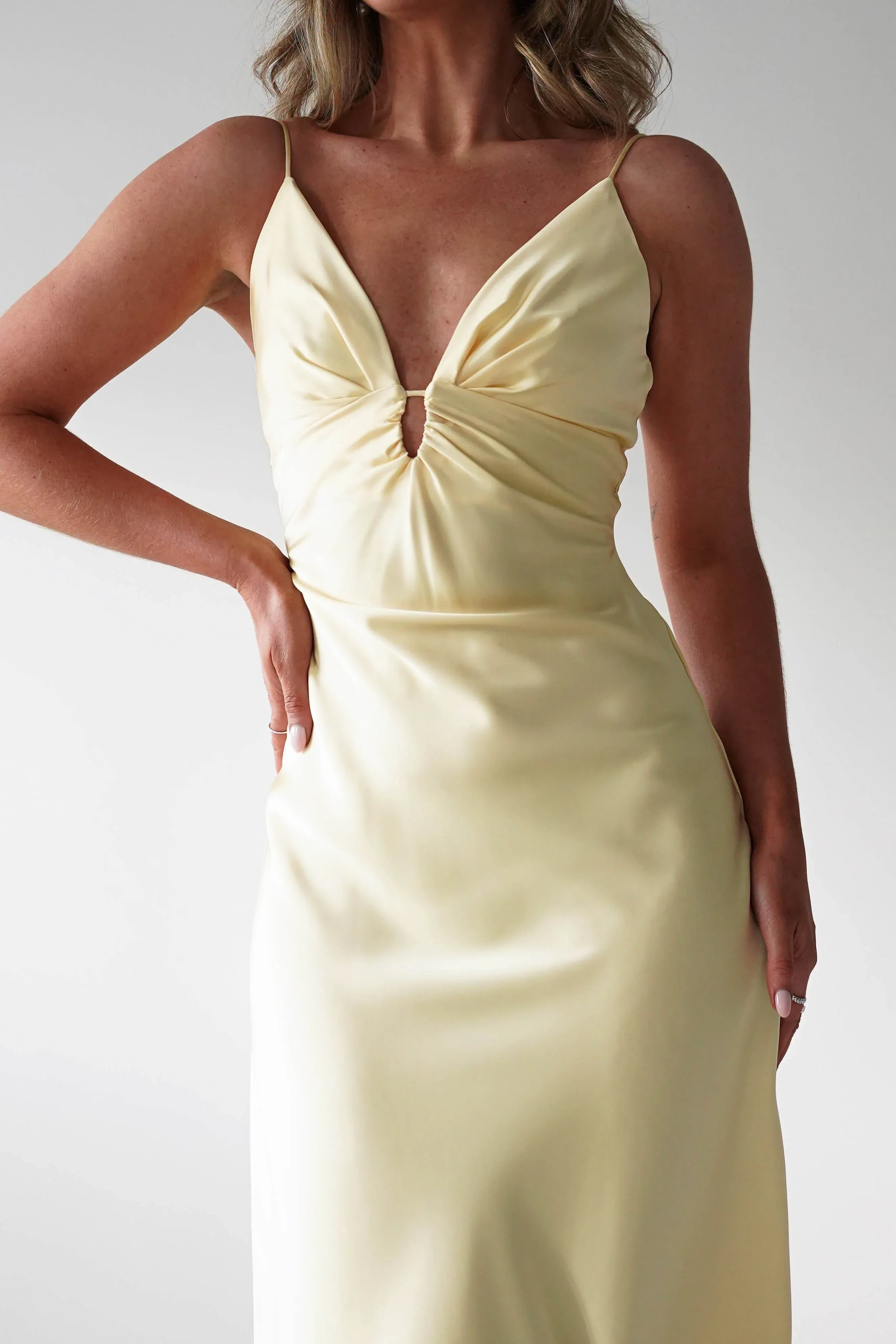 Soft Yellow Spaghetti Strap Satin Midi Bridesmaid Dress with Keyhole Neck
