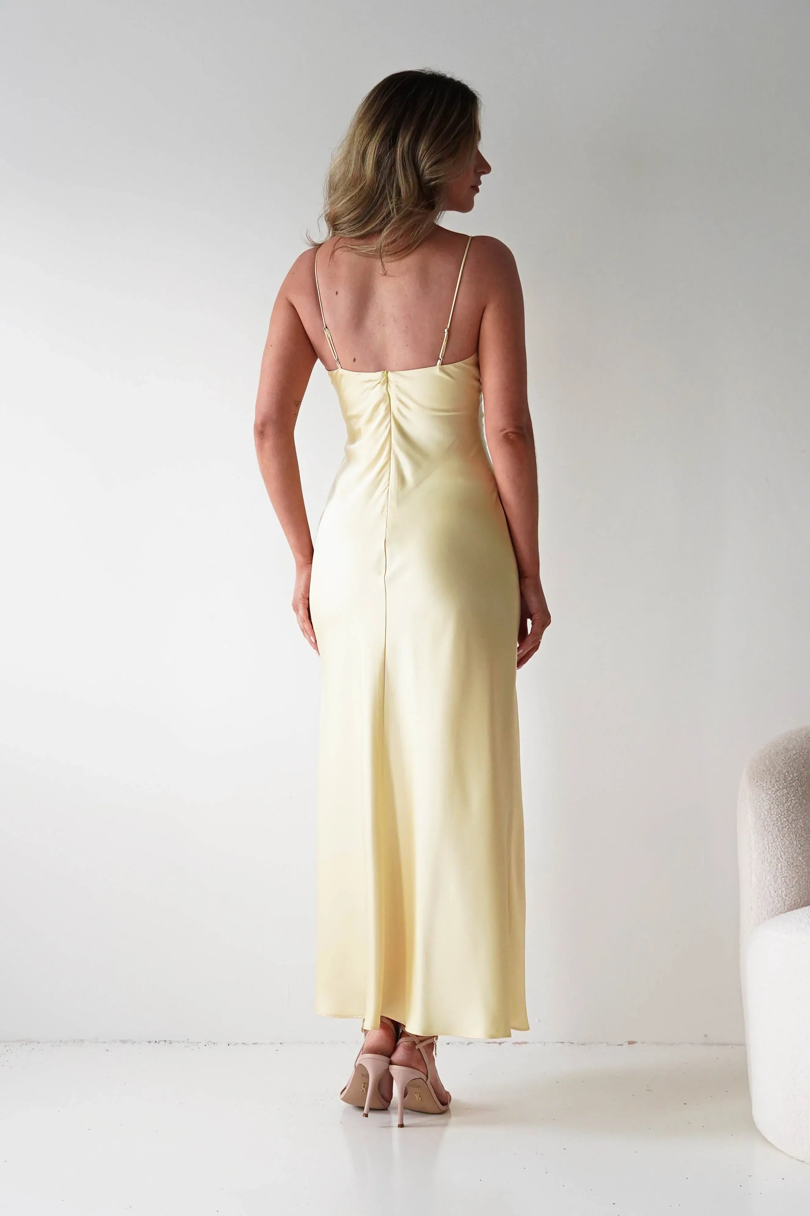 Soft Yellow Spaghetti Strap Satin Midi Bridesmaid Dress with Keyhole Neck
