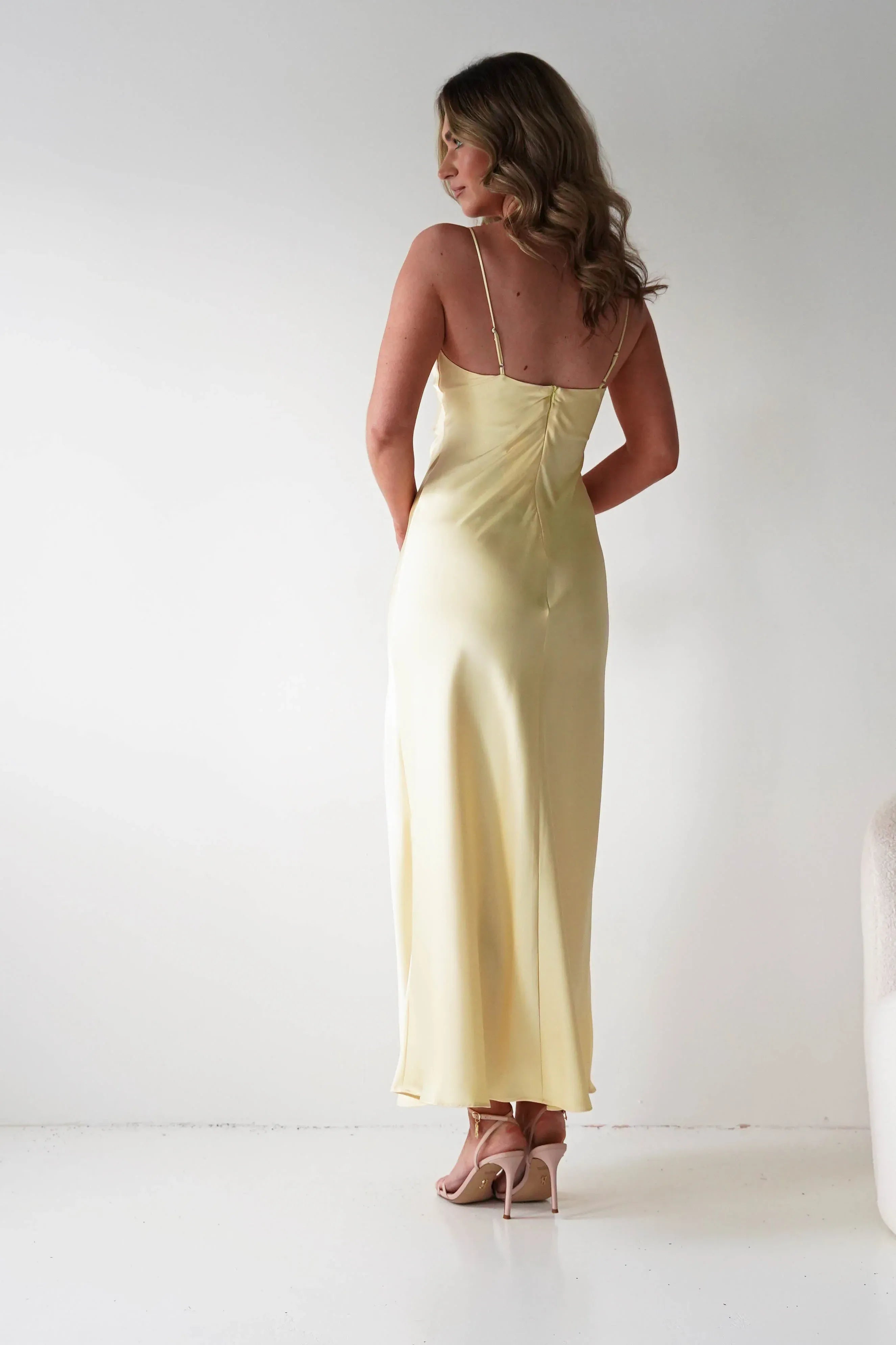 Soft Yellow Spaghetti Strap Satin Midi Bridesmaid Dress with Keyhole Neck