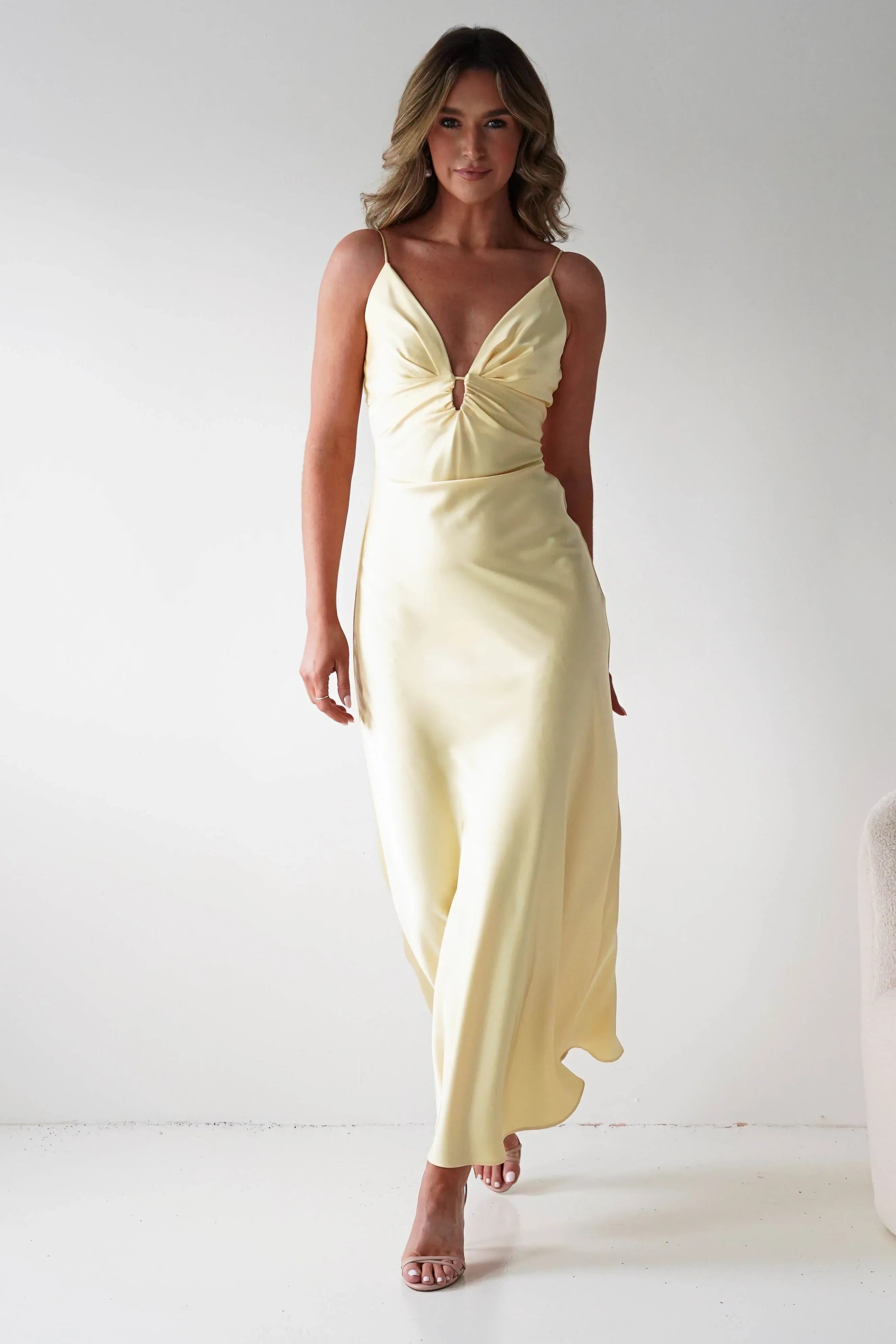 Soft Yellow Spaghetti Strap Satin Midi Bridesmaid Dress with Keyhole Neck