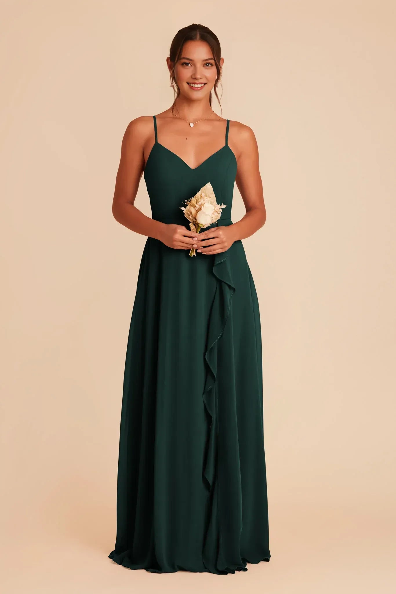 Soft A‑Line V‑Neck Spaghetti Strap V‑Back Maxi Wedding Bridesmaid Dress