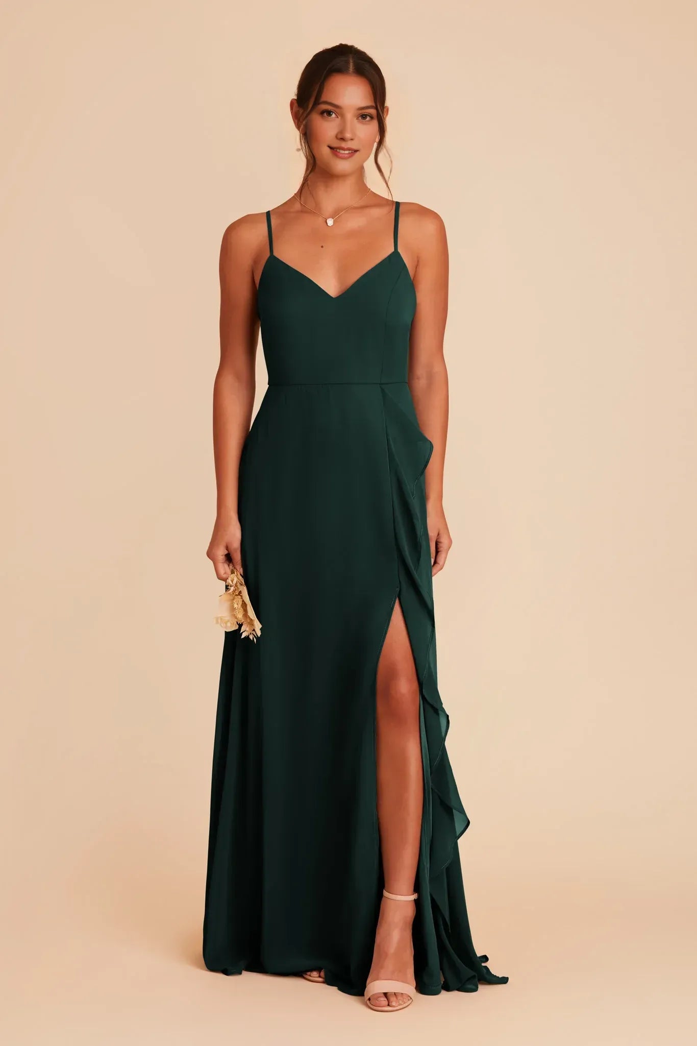 Soft A‑Line V‑Neck Spaghetti Strap V‑Back Maxi Wedding Bridesmaid Dress