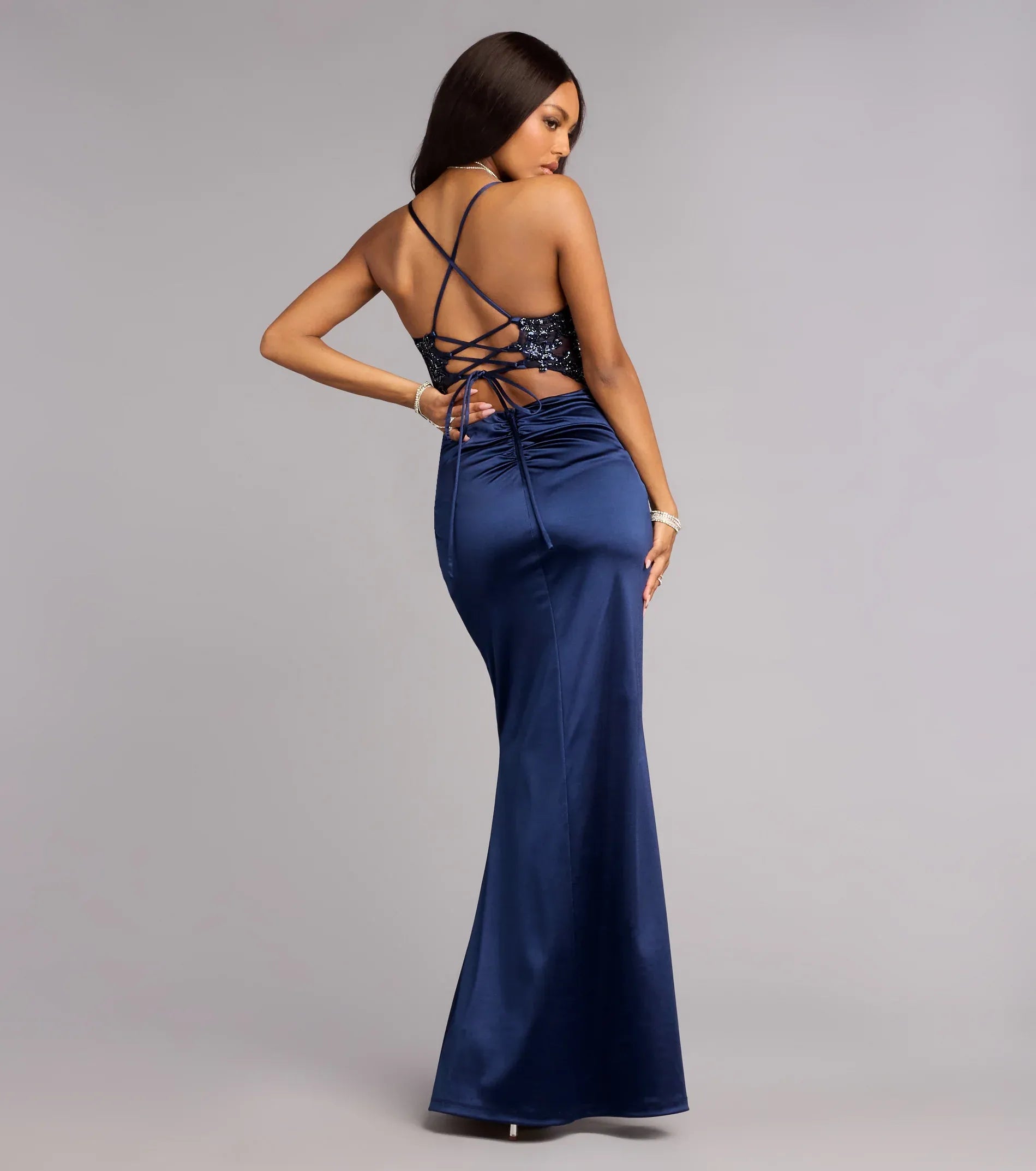 Spaghetti Corset Beaded Mesh Crisscross Back Ruched Satin High-Slit Mermaid Maxi Prom Dress