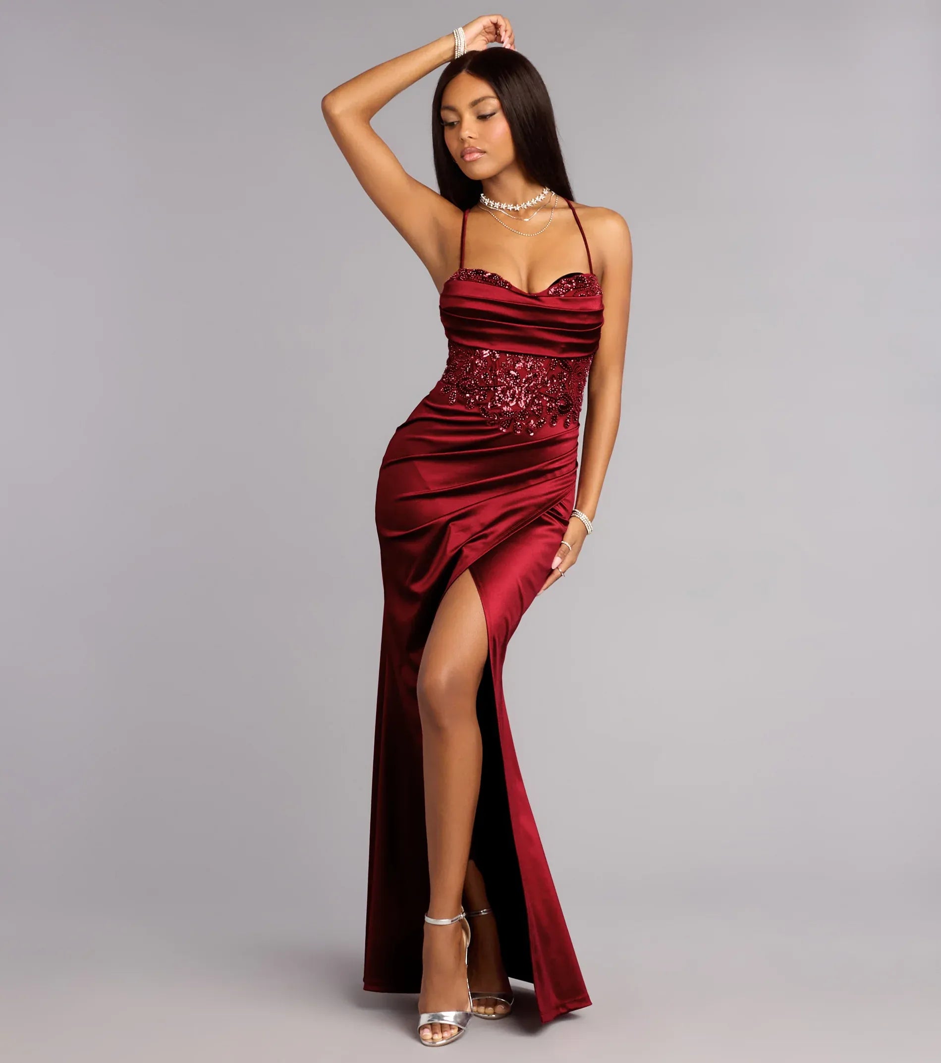 Spaghetti Cowl Beaded Corset Lace-Up Back Satin High-Slit Mermaid Maxi Wedding Guest Dress