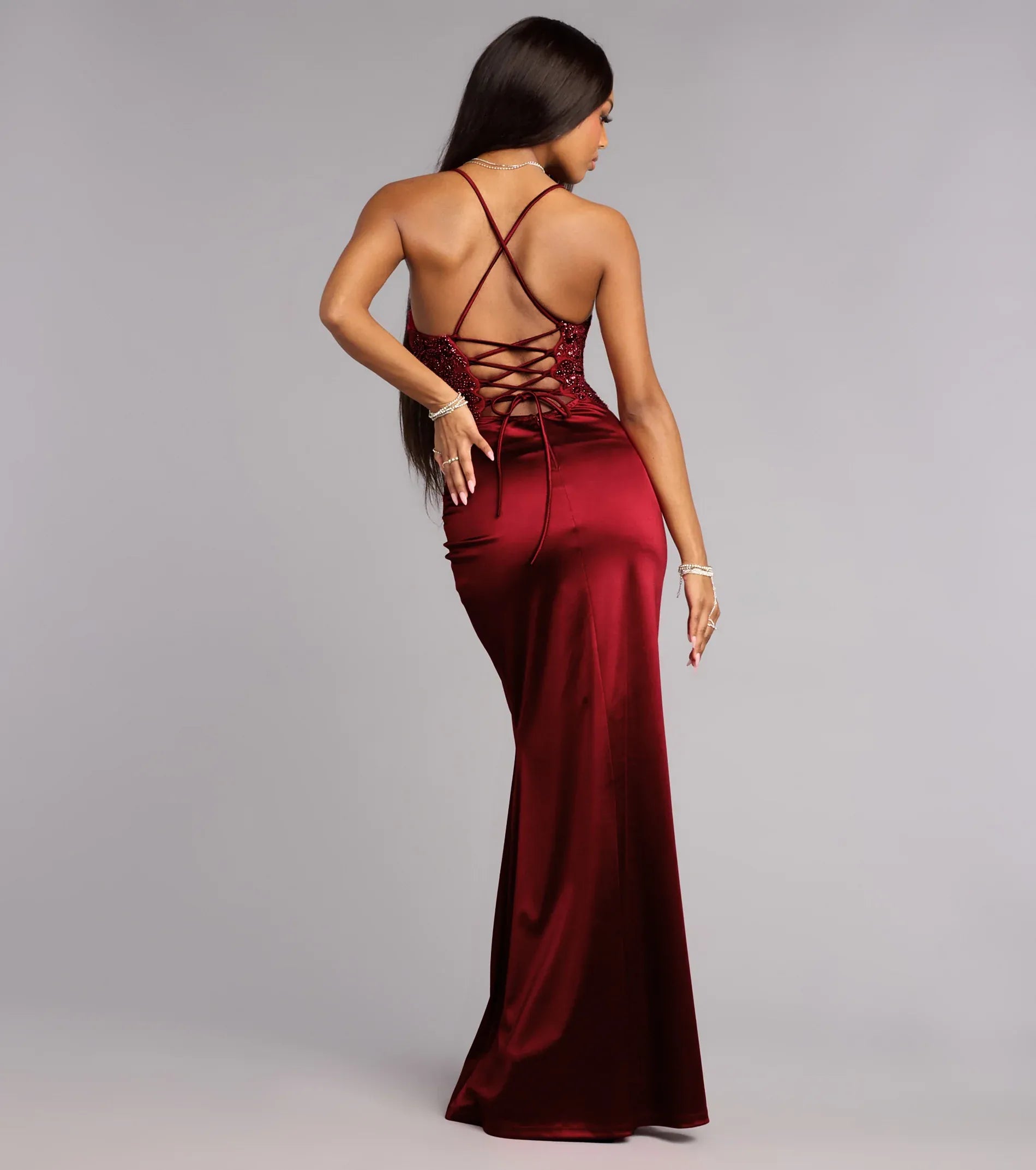 Spaghetti Cowl Beaded Corset Lace-Up Back Satin High-Slit Mermaid Maxi Wedding Guest Dress