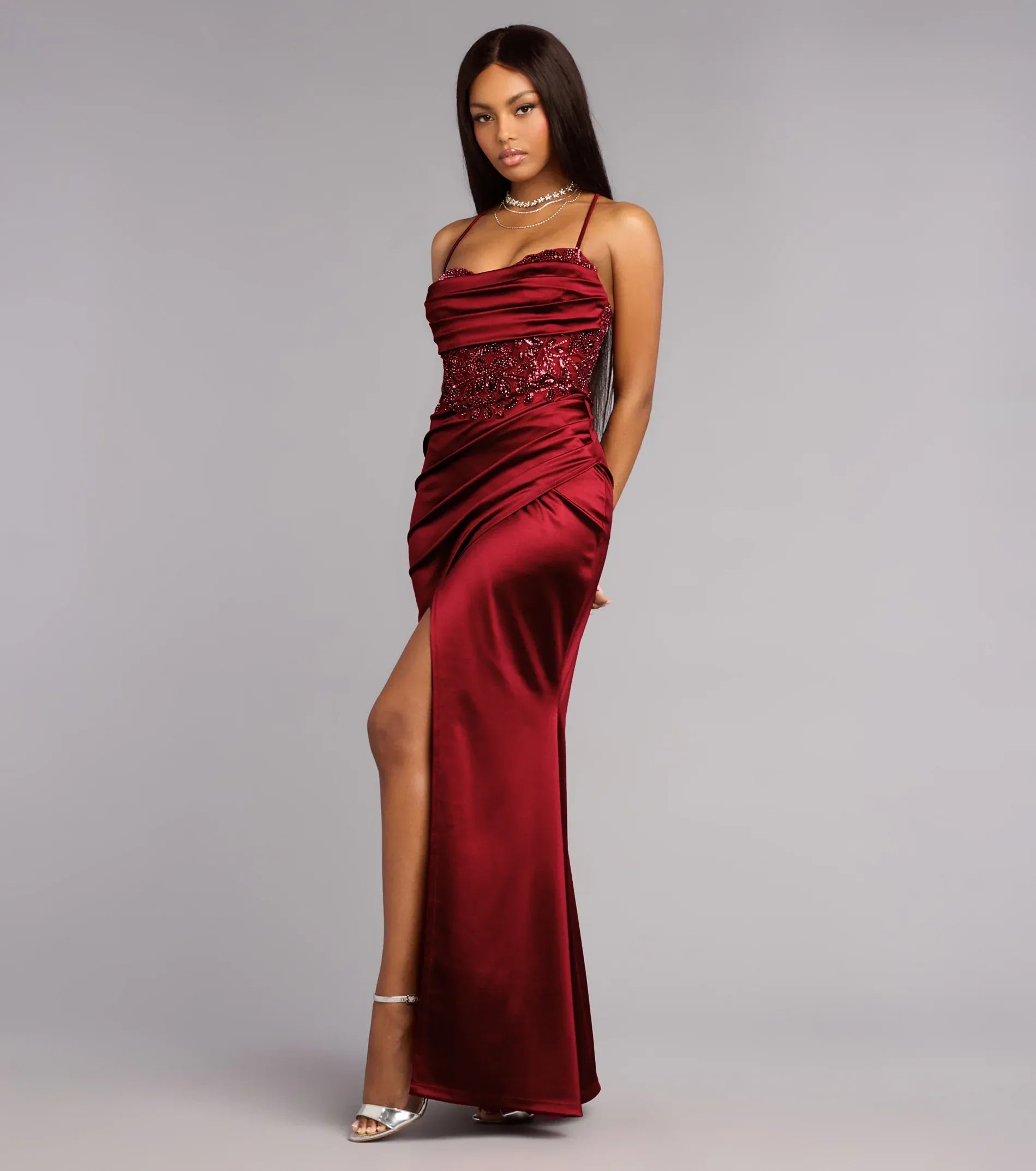 Spaghetti Cowl Beaded Corset Lace-Up Back Satin High-Slit Mermaid Maxi Wedding Guest Dress