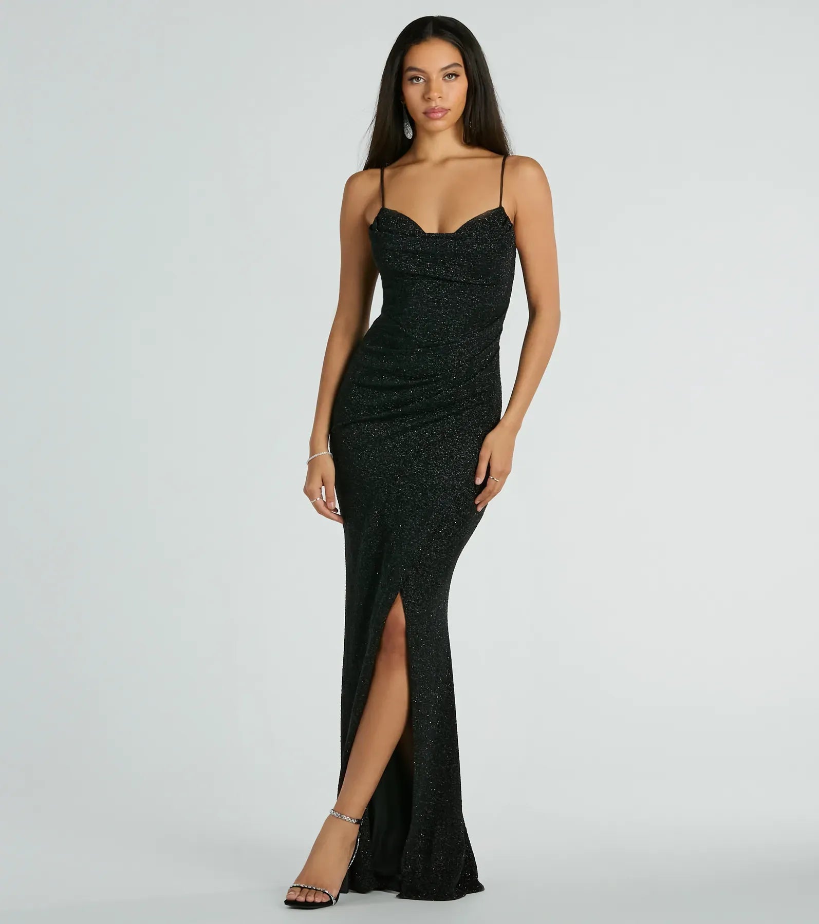 Spaghetti Cowl Neck Side Ruched Glitter Knit High Slit Mermaid Maxi Wedding Guest Dress