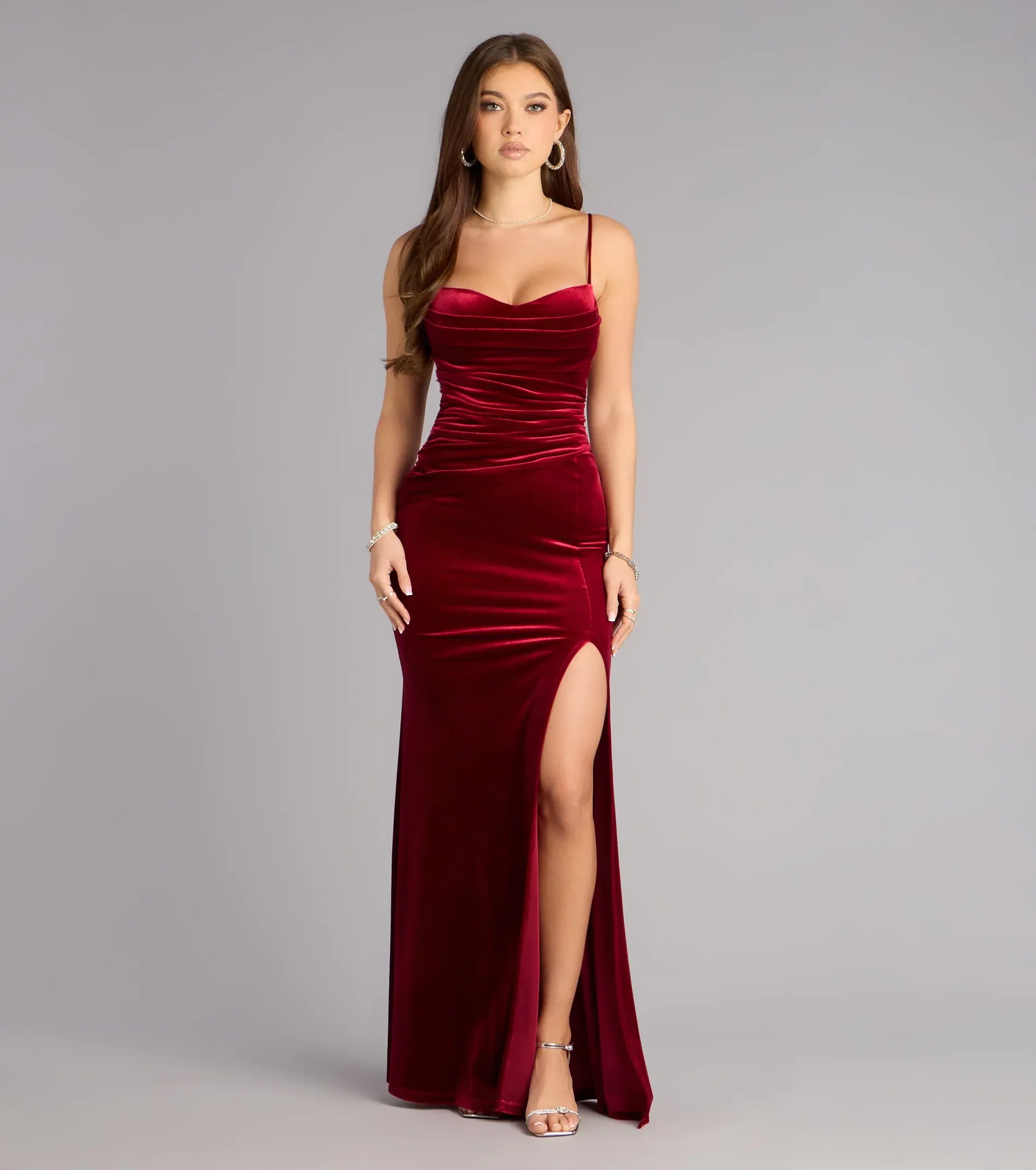 Spaghetti Cowl Neck Side Ruched Velvet High Slit Mermaid Maxi Wedding Guest Dress