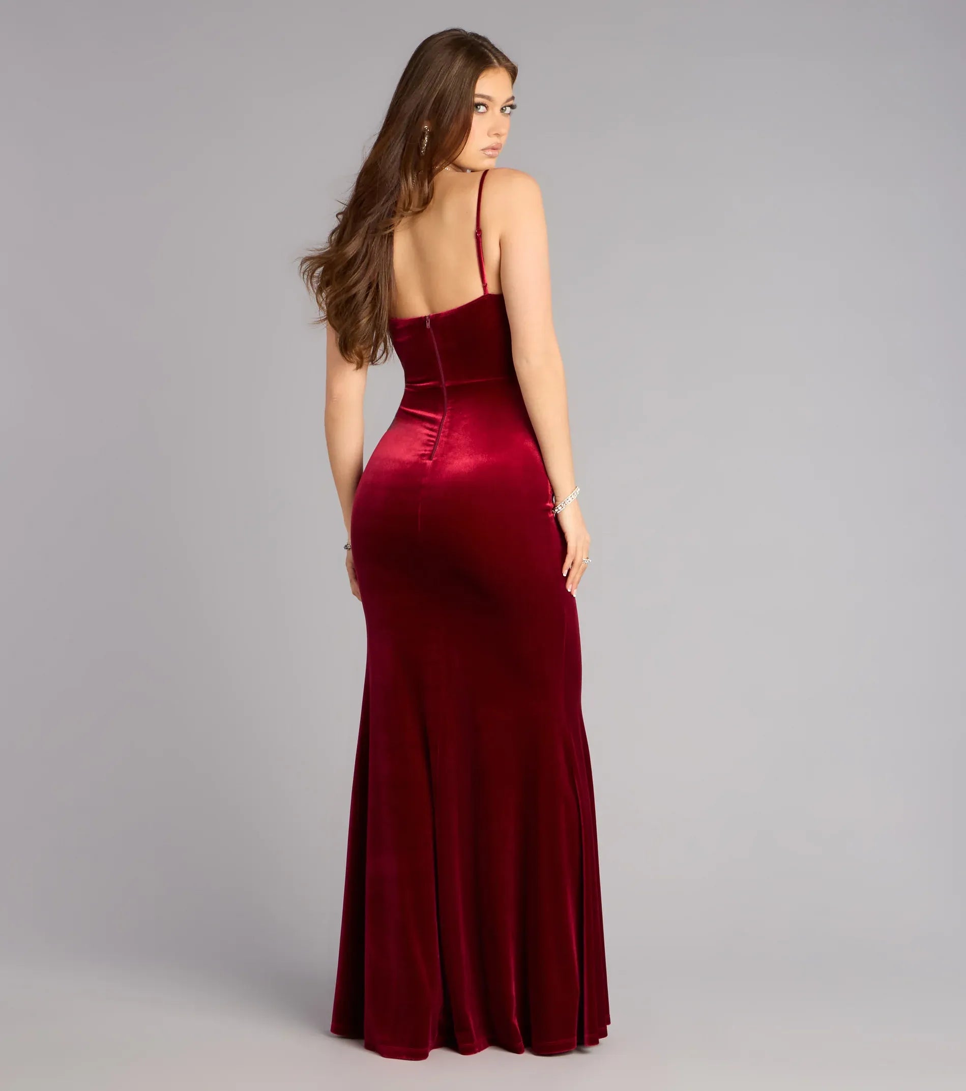 Spaghetti Cowl Neck Side Ruched Velvet High Slit Mermaid Maxi Wedding Guest Dress
