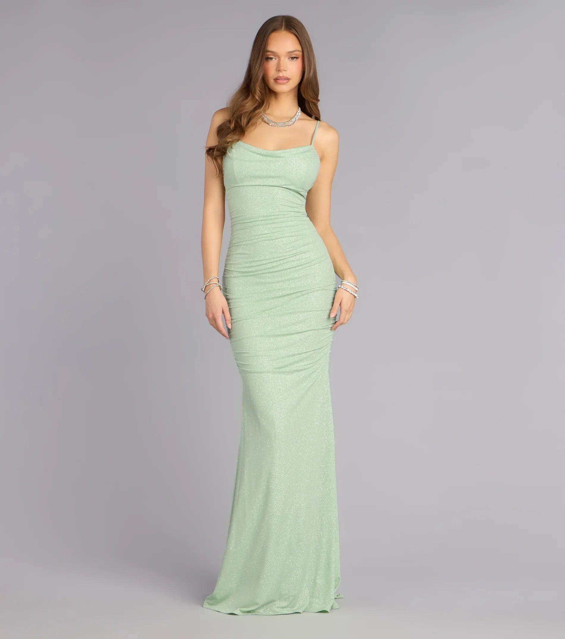 Spaghetti Cowl Ruched Glitter Knit Mermaid Maxi Wedding Guest Dress