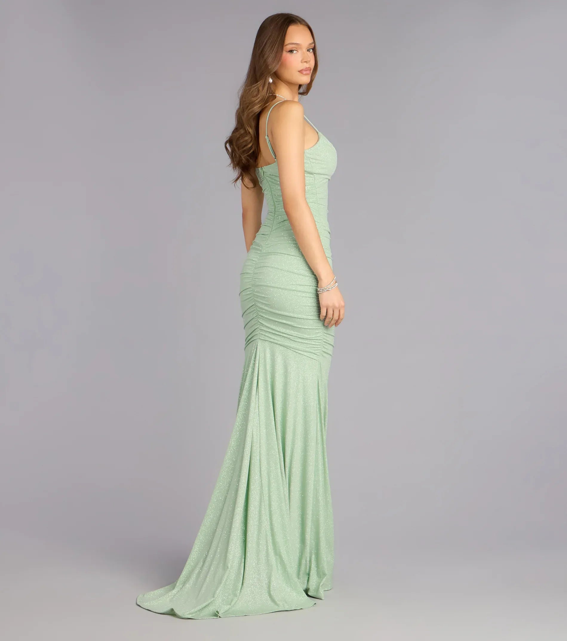Spaghetti Cowl Ruched Glitter Knit Mermaid Maxi Wedding Guest Dress