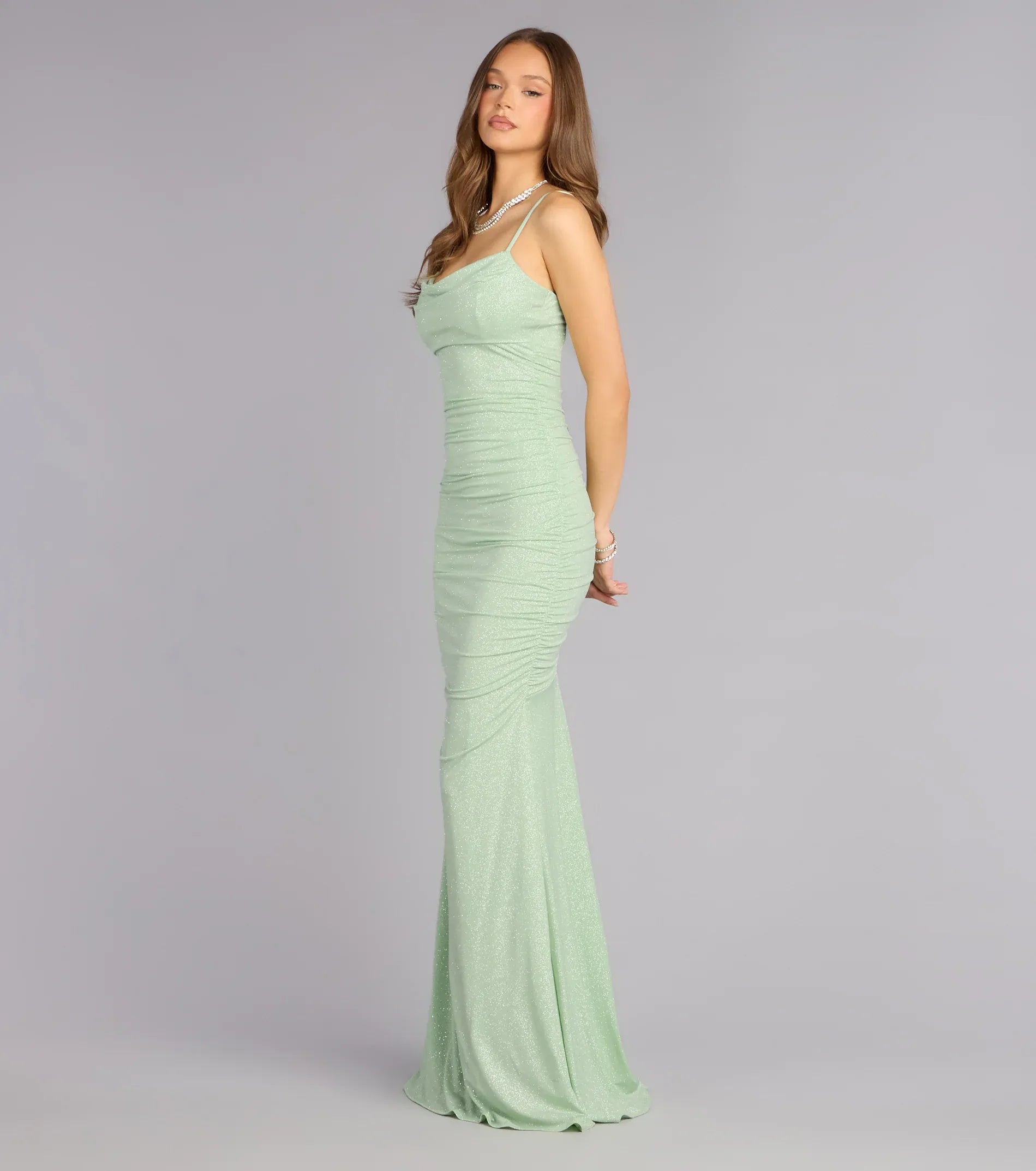 Spaghetti Cowl Ruched Glitter Knit Mermaid Maxi Wedding Guest Dress