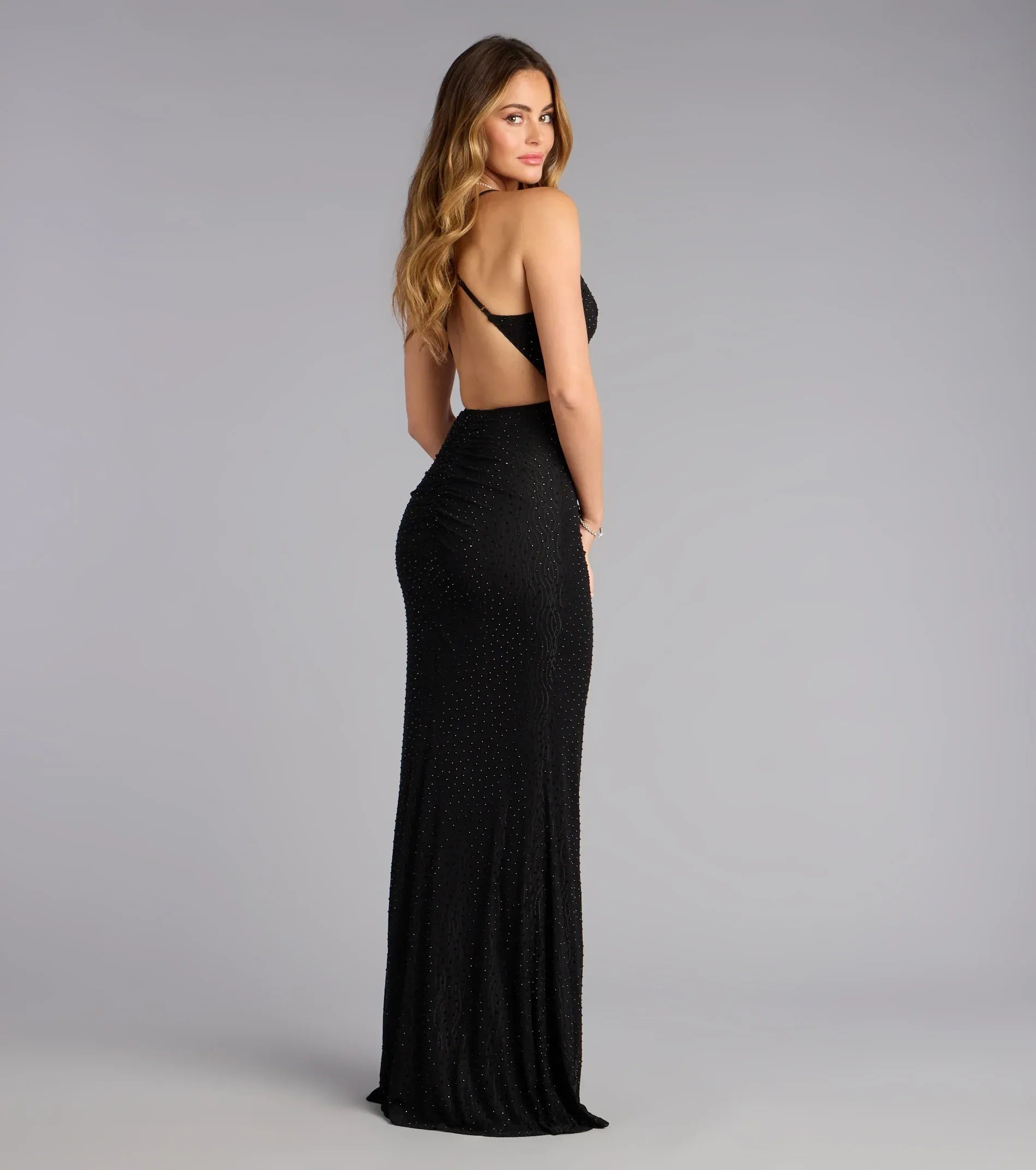 Spaghetti Cowl Ruched Rhinestone Open Back High Slit Mermaid Maxi Wedding Guest Dress