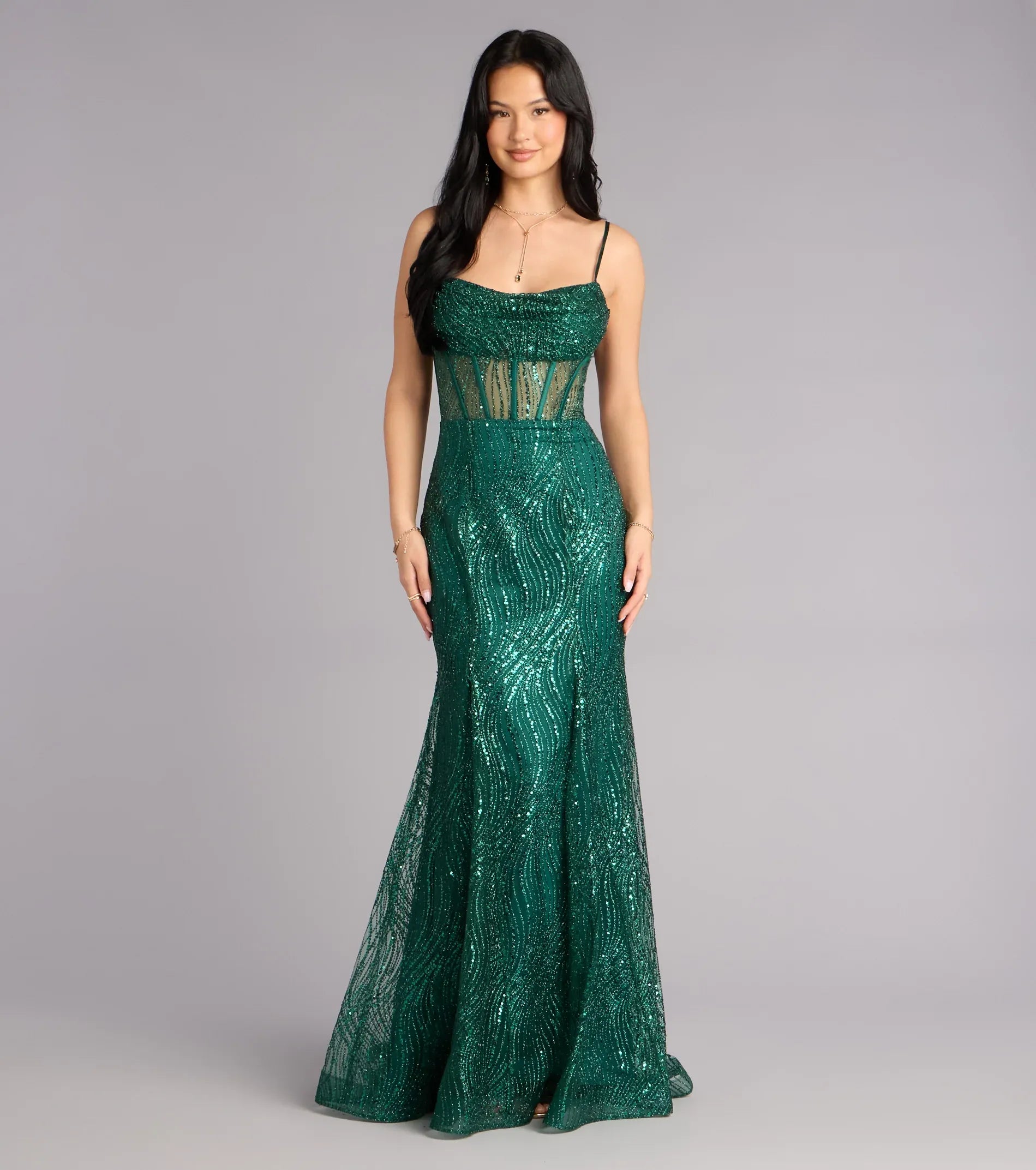 Spaghetti Cowl Sheer Boned Corset Wave Sequin Mermaid Maxi Wedding Guest Dress