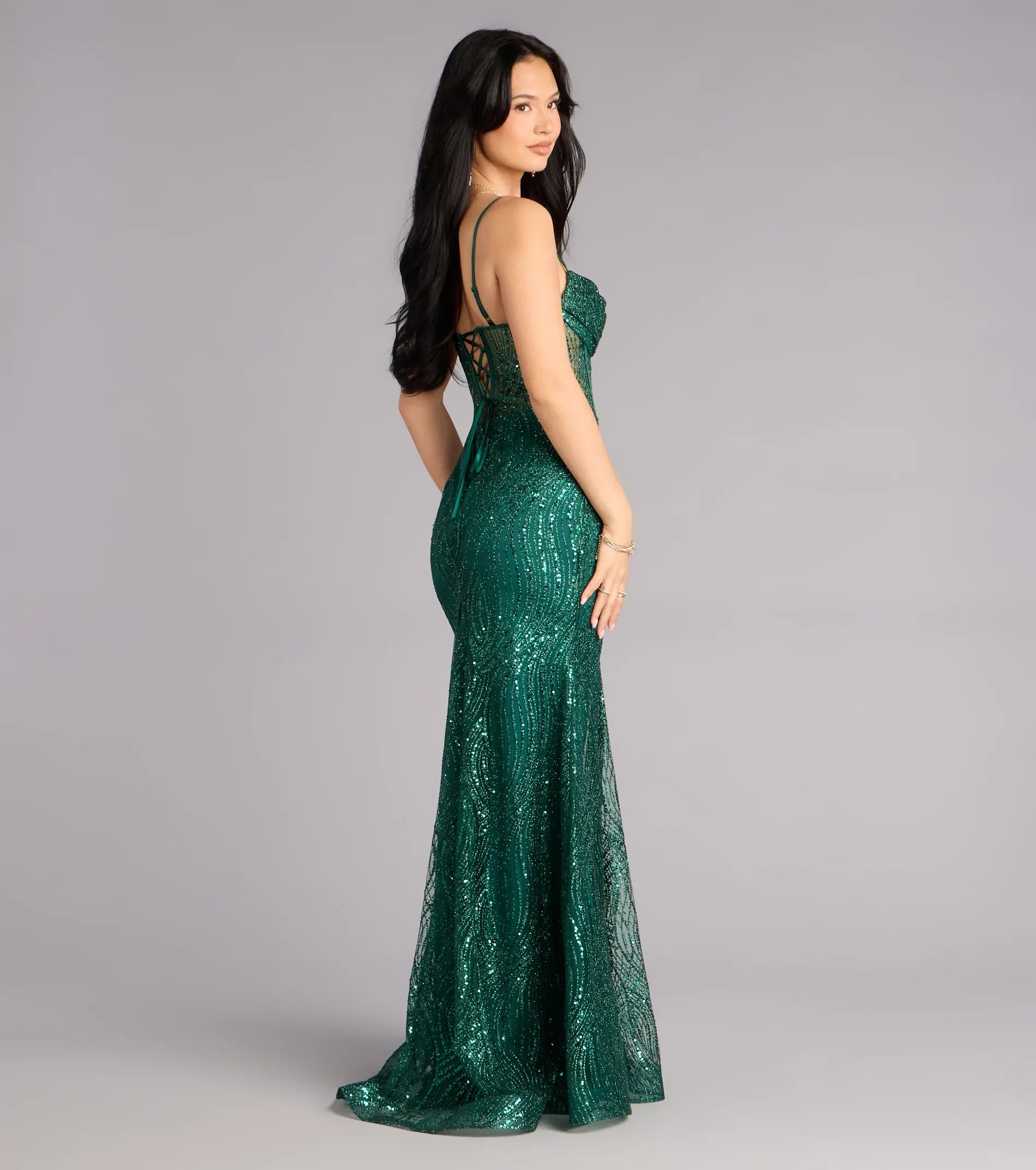 Spaghetti Cowl Sheer Boned Corset Wave Sequin Mermaid Maxi Wedding Guest Dress