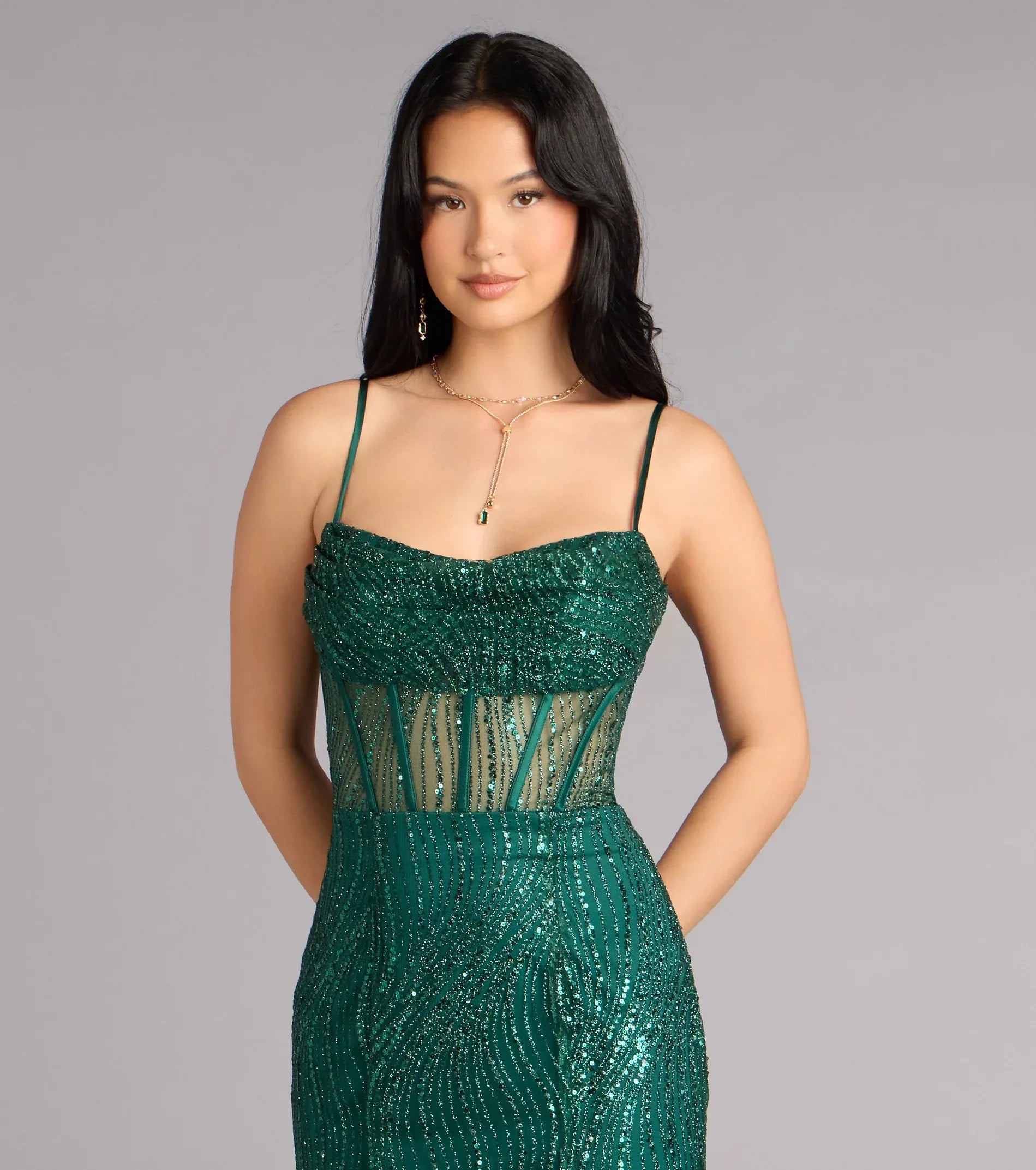 Spaghetti Cowl Sheer Boned Corset Wave Sequin Mermaid Maxi Wedding Guest Dress