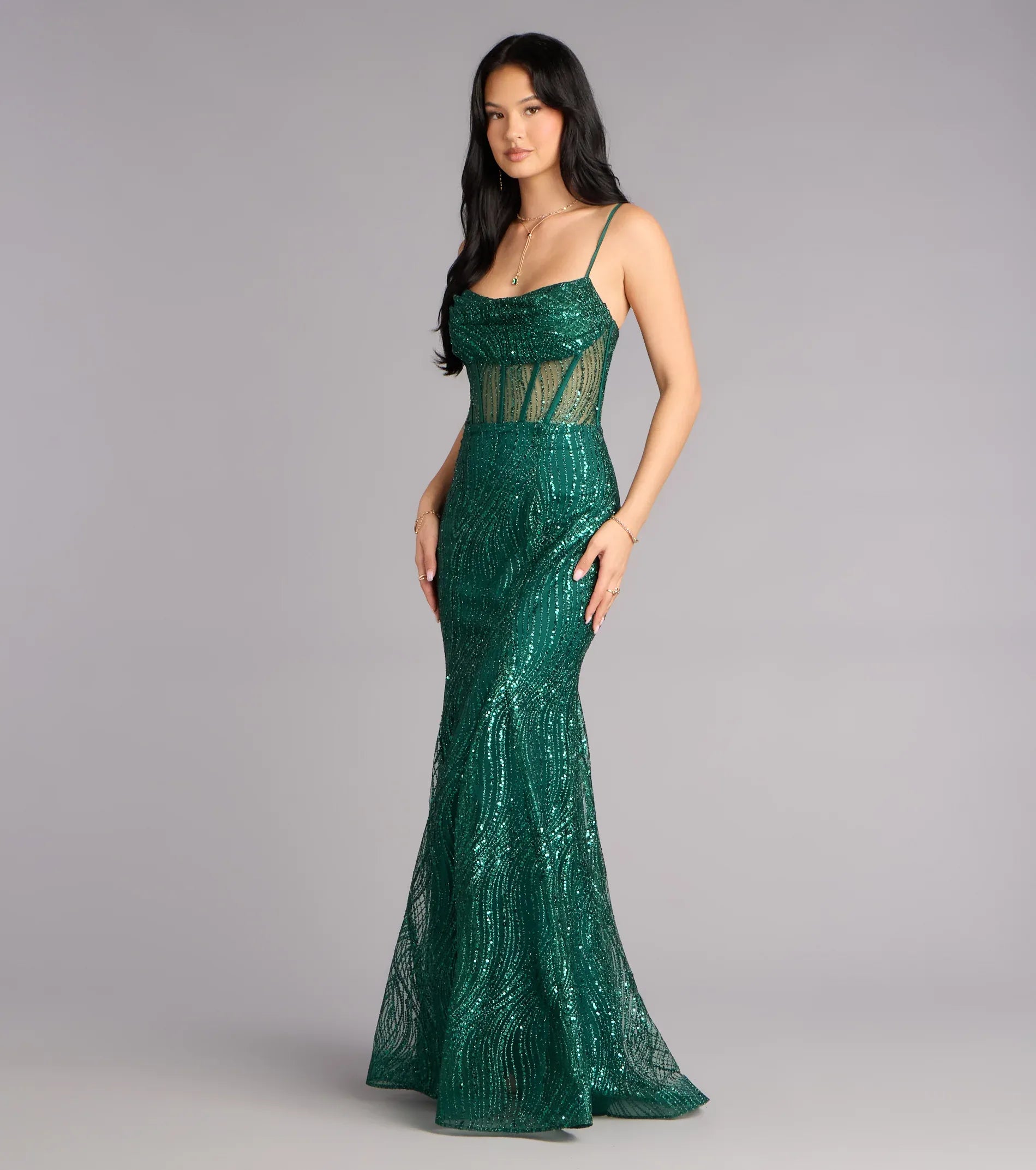 Spaghetti Cowl Sheer Boned Corset Wave Sequin Mermaid Maxi Wedding Guest Dress