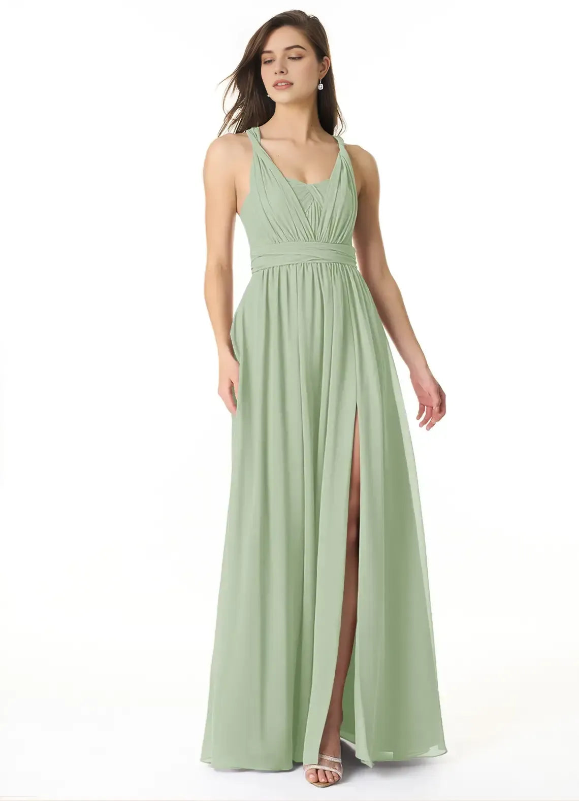 Spaghetti Crisscross Back Tie Waist High Slit Chiffon Long Bridesmaid Dress