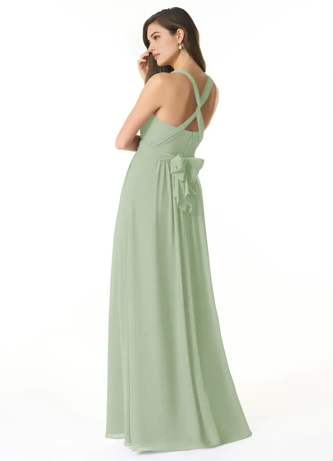 Spaghetti Crisscross Back Tie Waist High Slit Chiffon Long Bridesmaid Dress