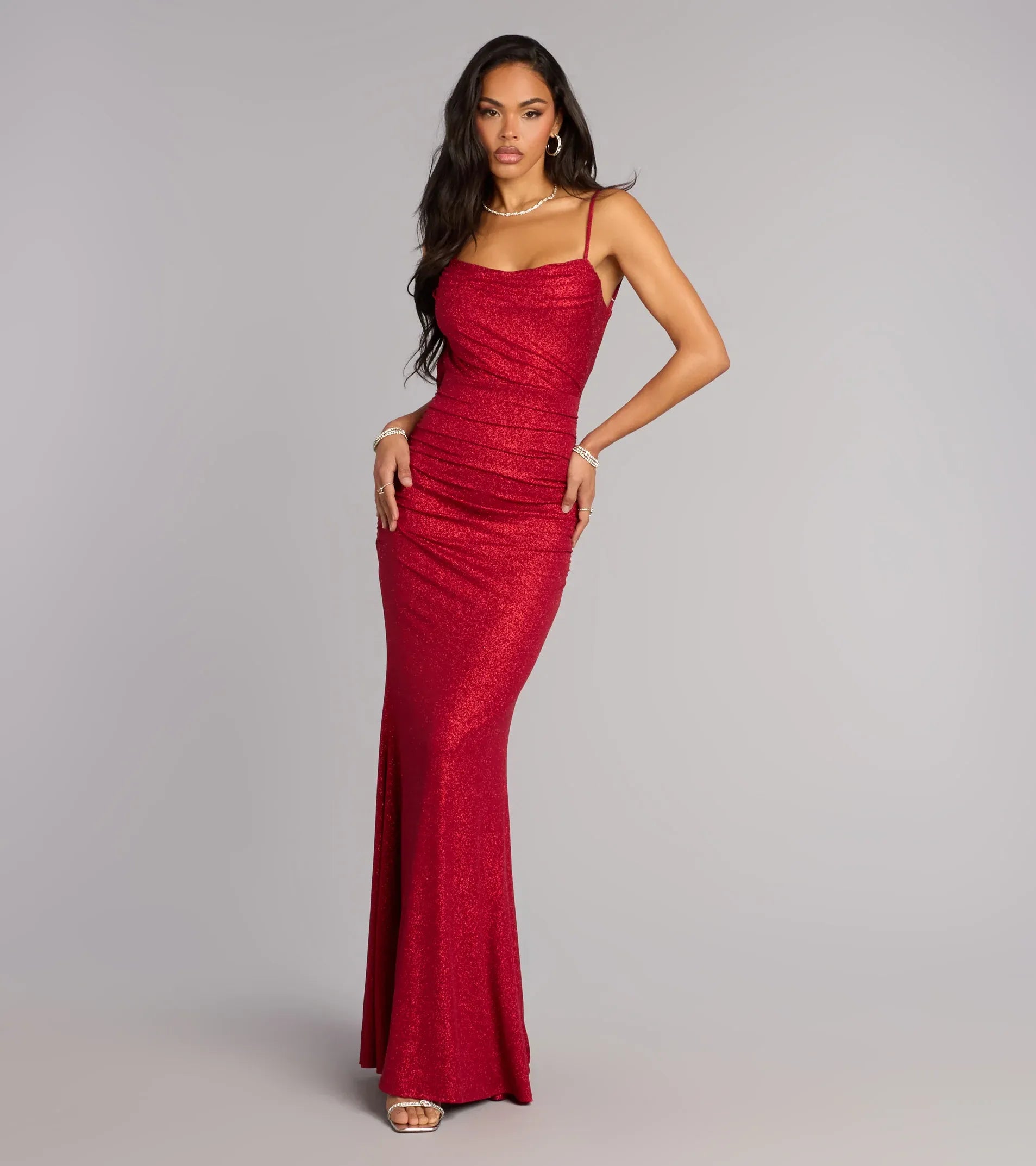 Spaghetti Draped Cowl Side Ruched Open Back Rhinestone Strap Glitter Mermaid Maxi Wedding Guest Dress