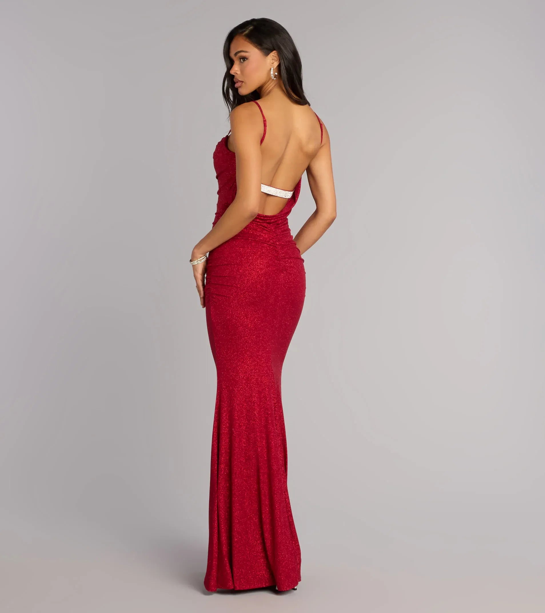 Spaghetti Draped Cowl Side Ruched Open Back Rhinestone Strap Glitter Mermaid Maxi Wedding Guest Dress