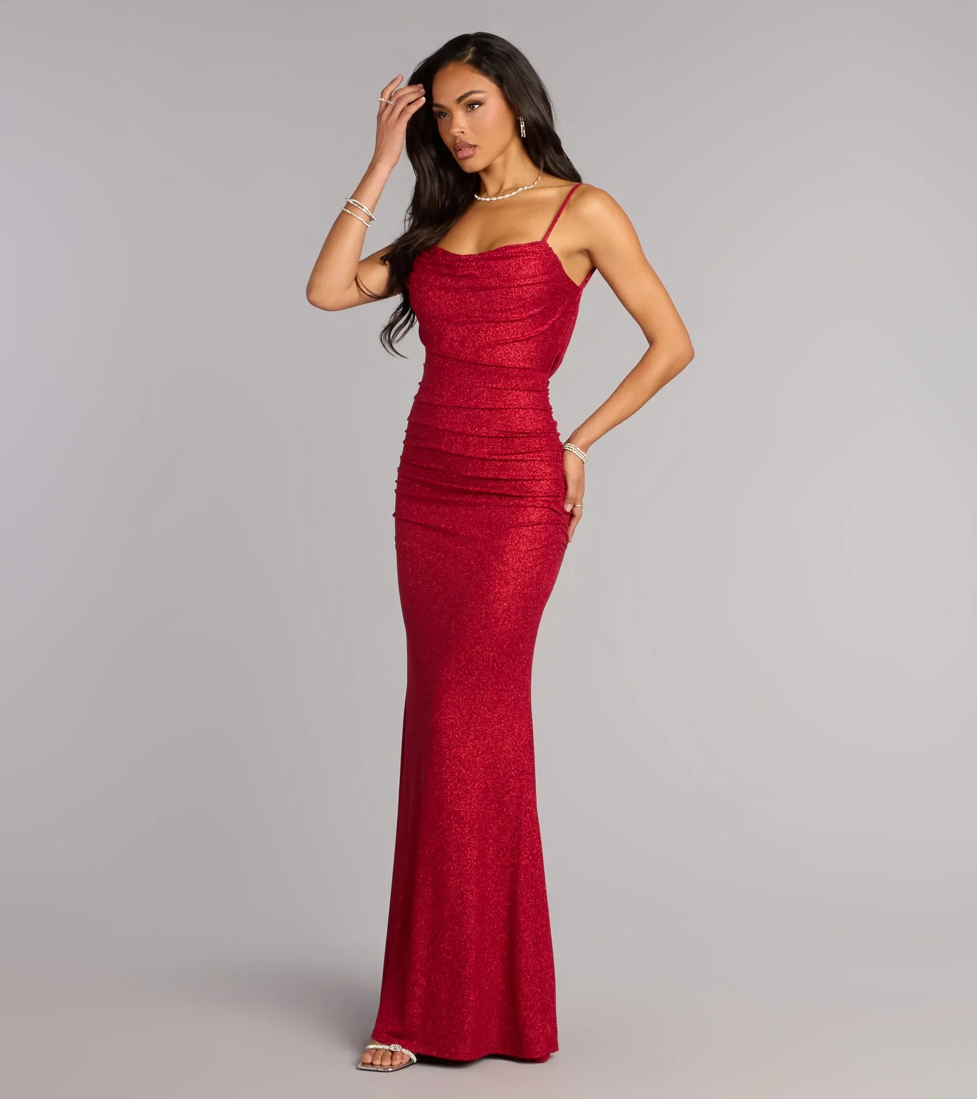 Spaghetti Draped Cowl Side Ruched Open Back Rhinestone Strap Glitter Mermaid Maxi Wedding Guest Dress