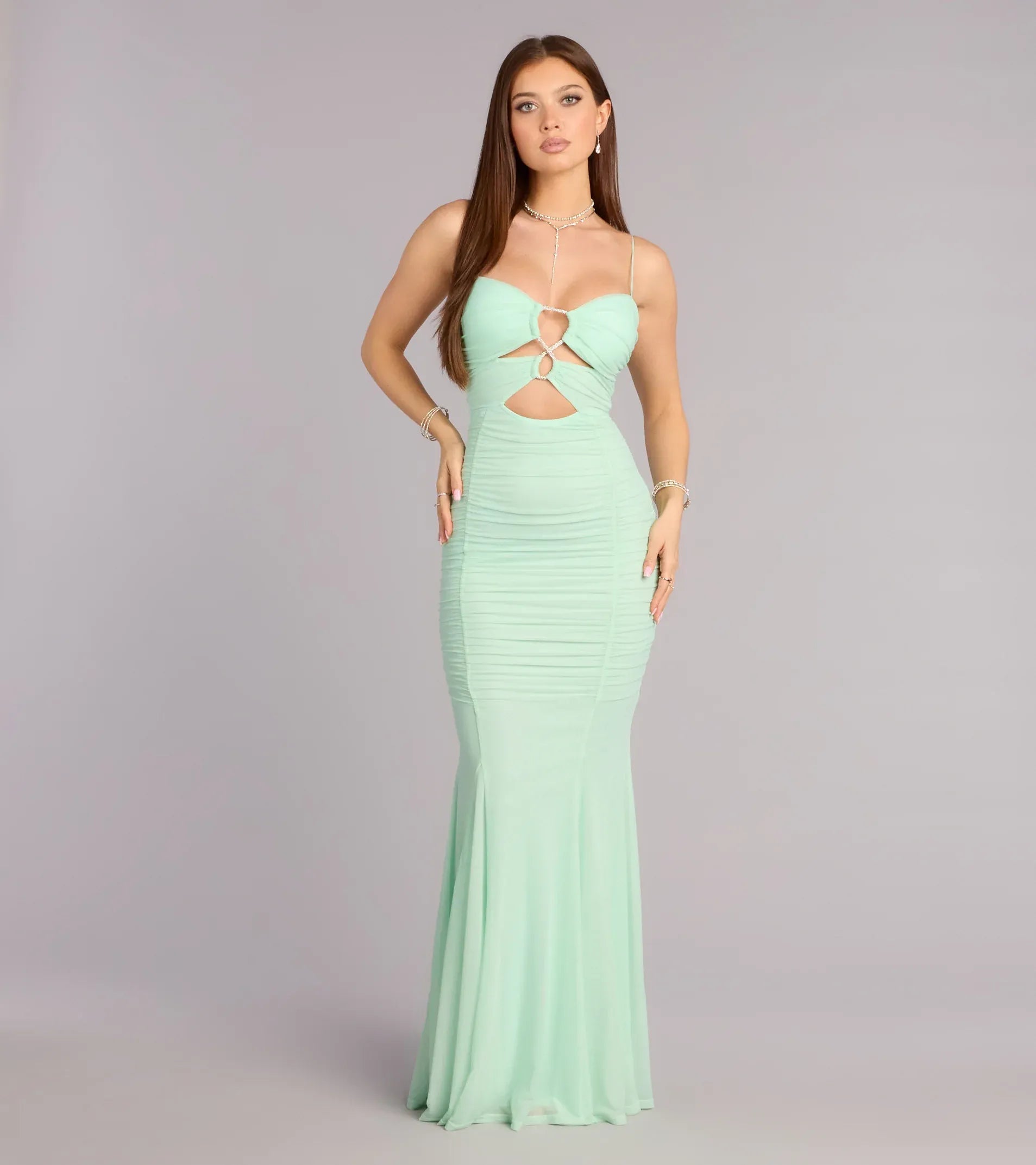 Spaghetti Rhinestone Cutout Ruched Mesh Mermaid Maxi Wedding Guest Dress