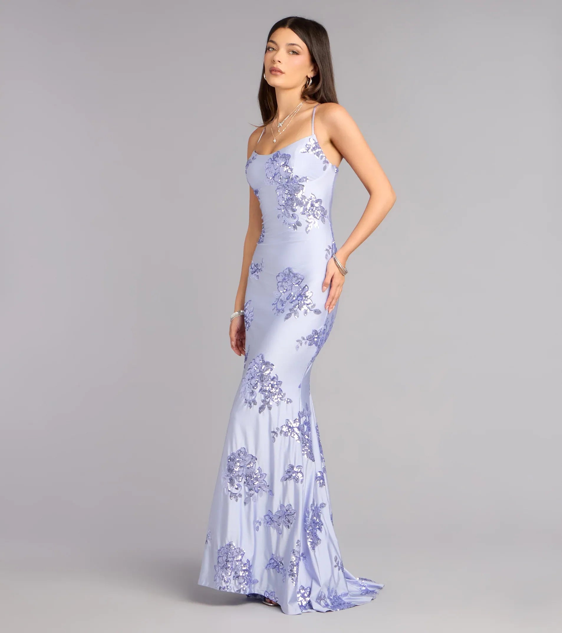 Spaghetti Scoop Floral Sequin Lace-Up Back Mermaid Maxi Prom Dress