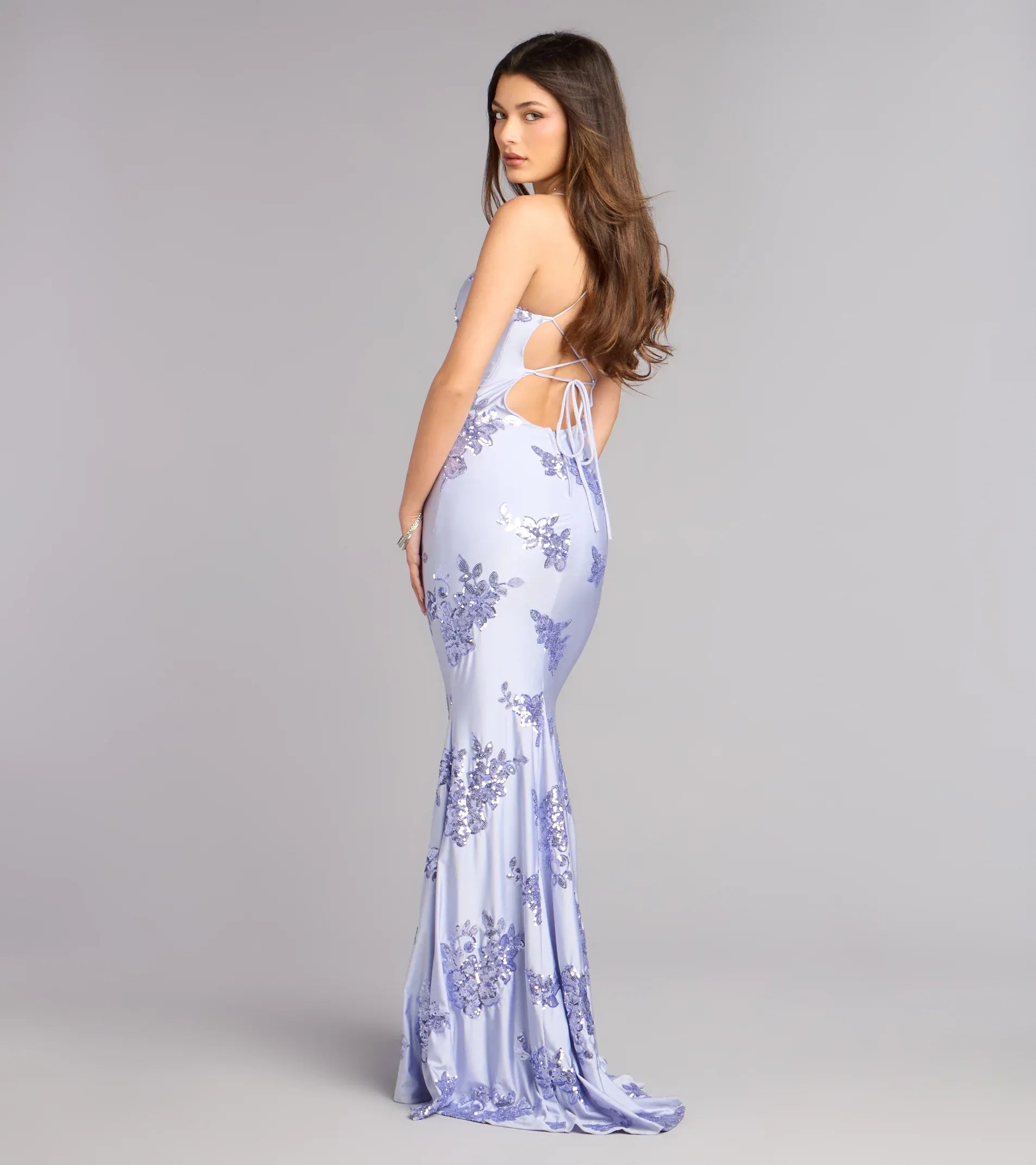 Spaghetti Scoop Floral Sequin Lace-Up Back Mermaid Maxi Prom Dress