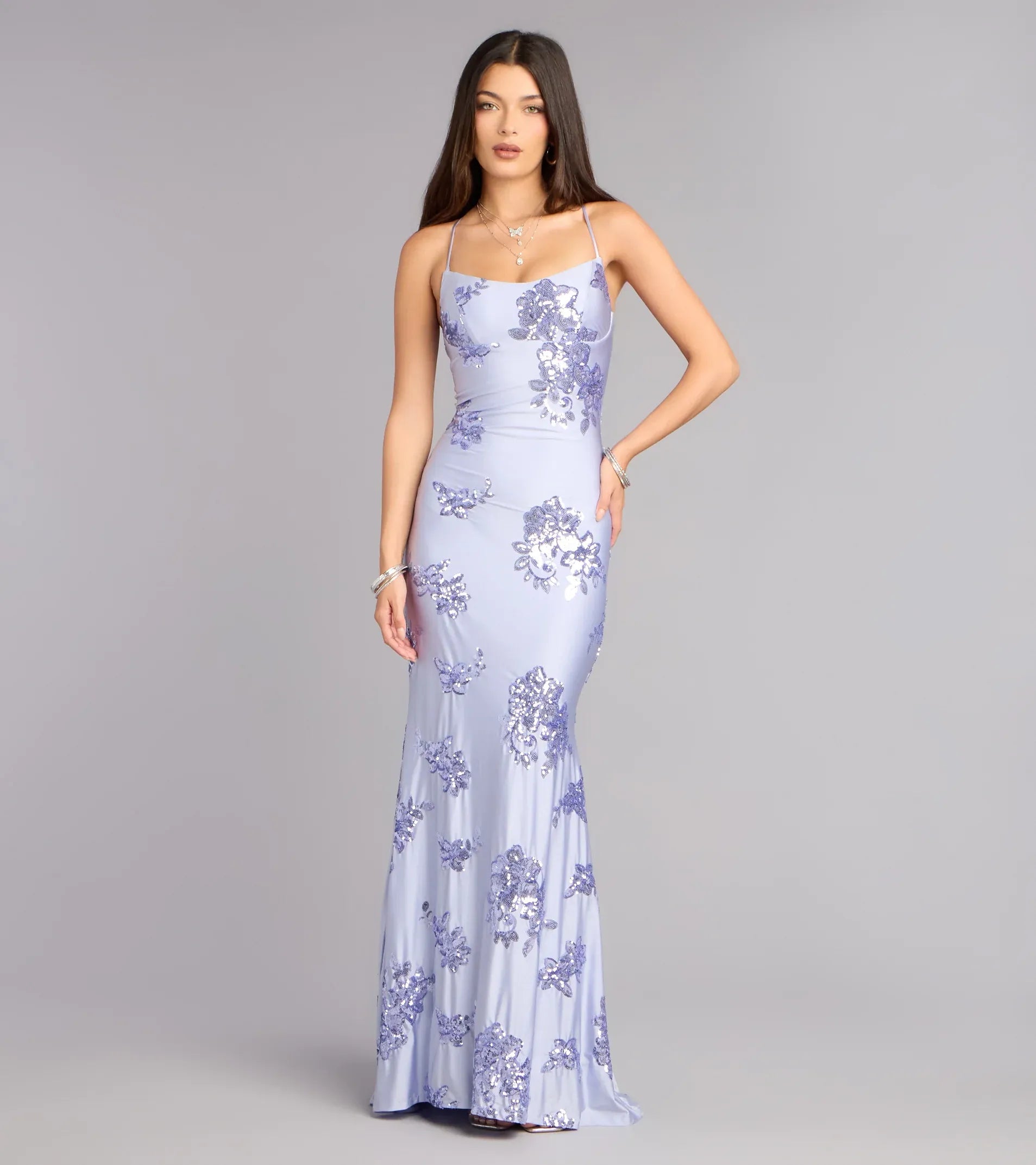 Spaghetti Scoop Floral Sequin Lace-Up Back Mermaid Maxi Prom Dress