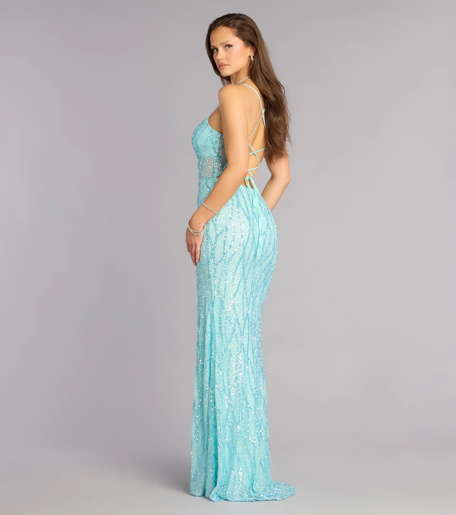 Spaghetti Square Sheer Waist Lace-Up Back Sequin Mermaid Slit Maxi Prom Dress
