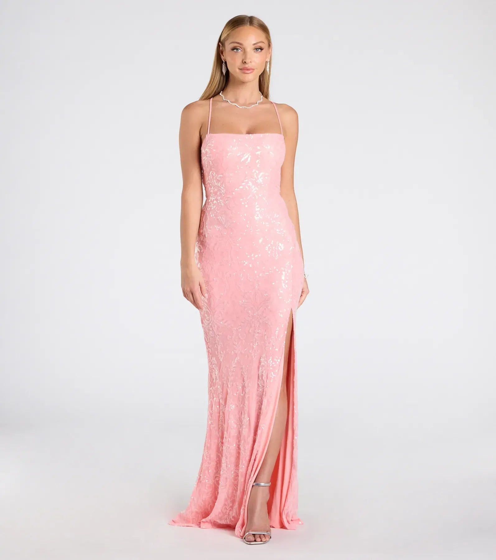 Spaghetti Straight Neck Crisscross Lace-Up Back Floral Sequin High-Slit Mermaid Maxi Prom Dress