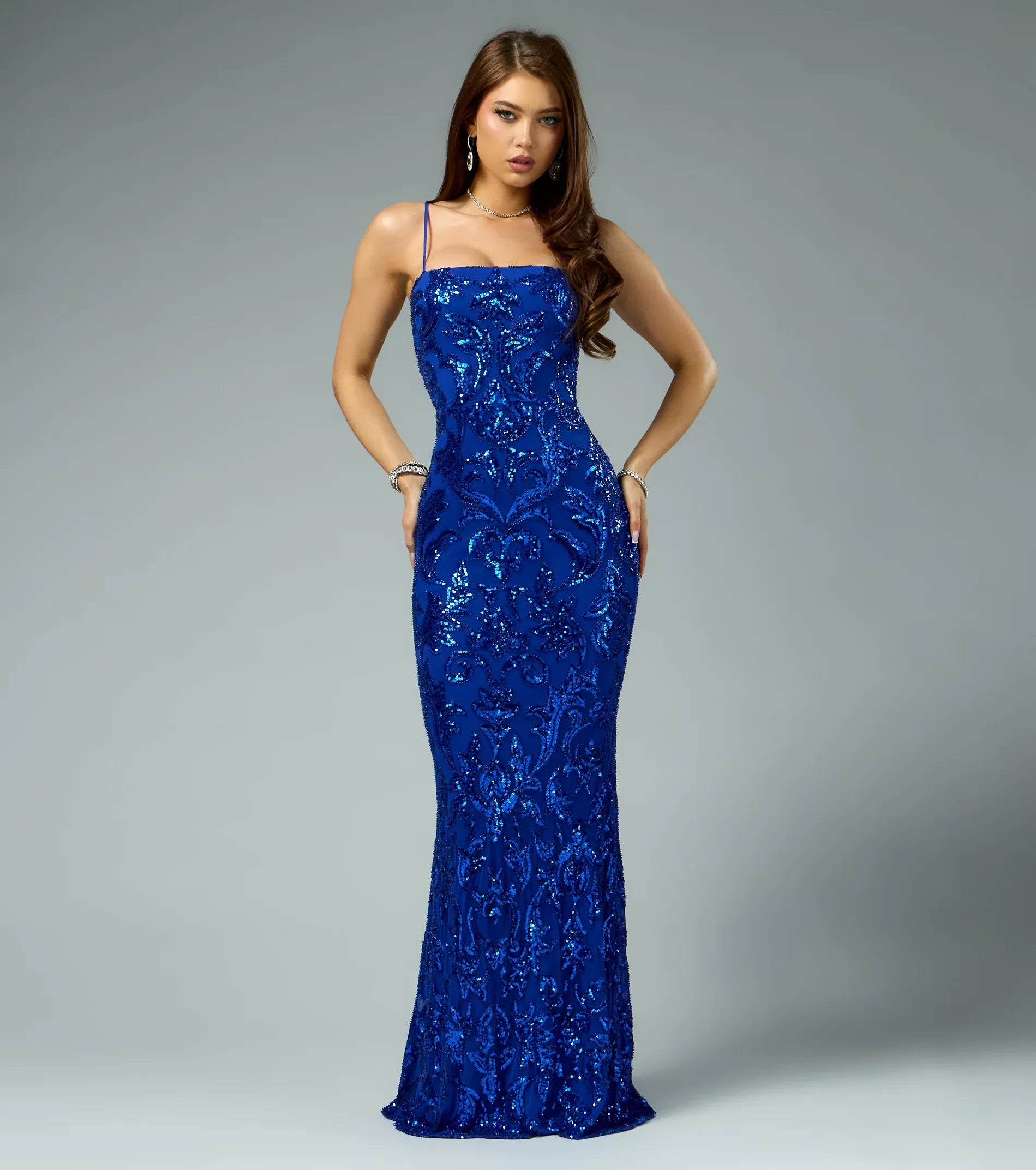 Spaghetti Straight Neck Floral Sequin Mesh Mermaid Maxi Prom Dress