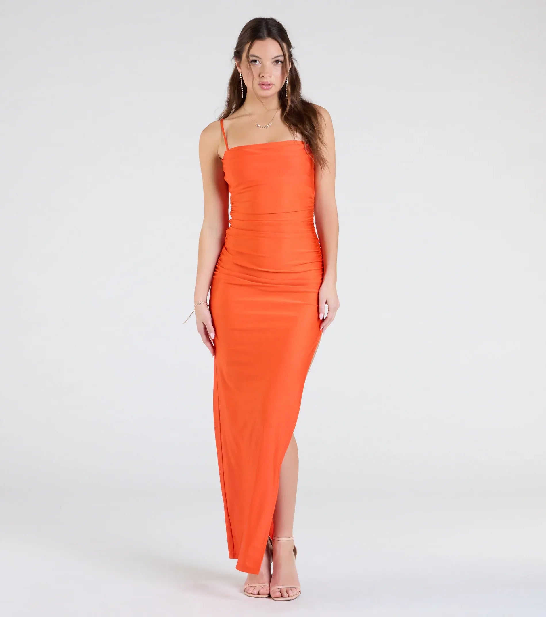 Spaghetti Straight Tube Side Ruched High Slit Satin Midi Maxi Wedding Guest Dress
