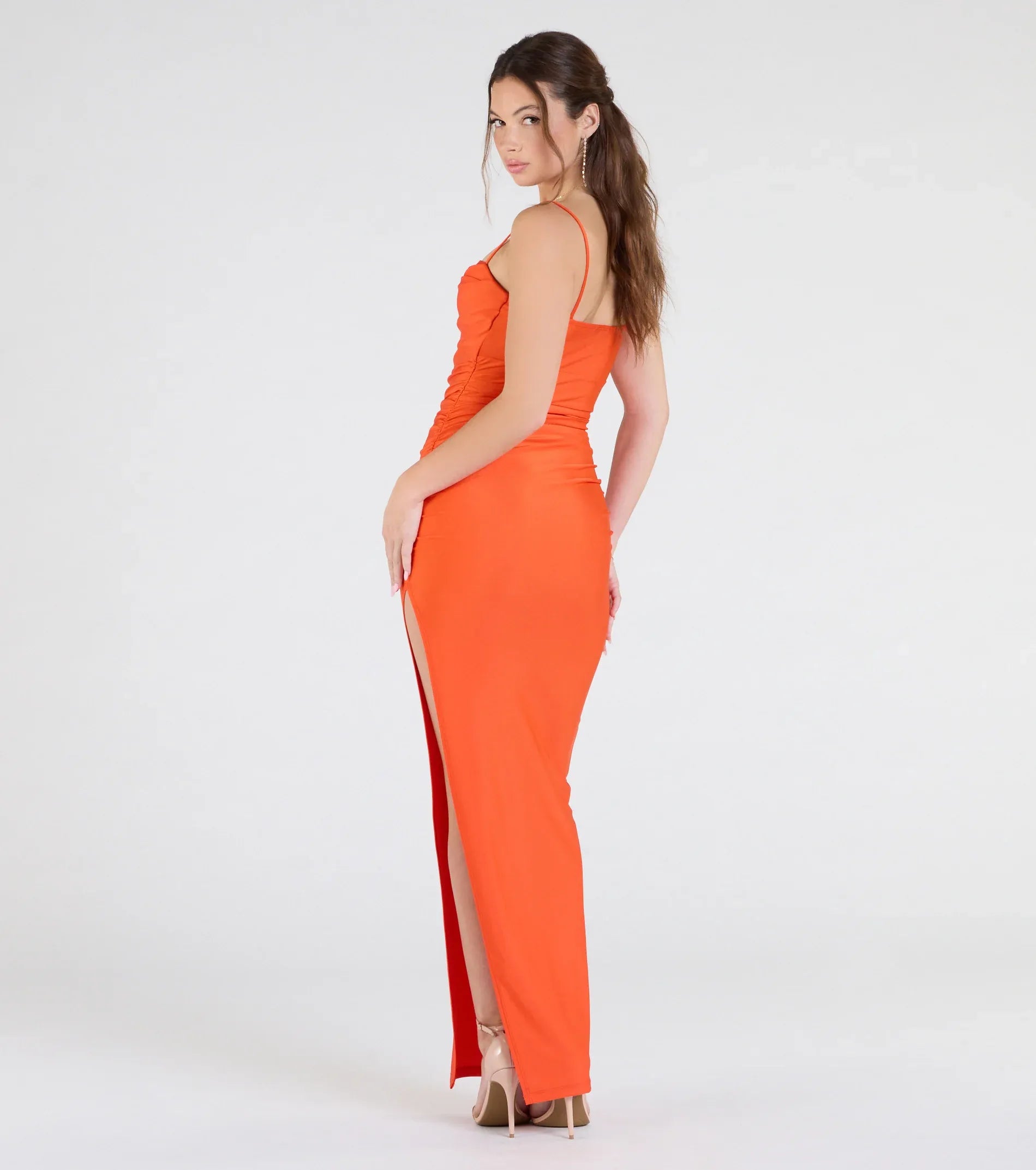 Spaghetti Straight Tube Side Ruched High Slit Satin Midi Maxi Wedding Guest Dress