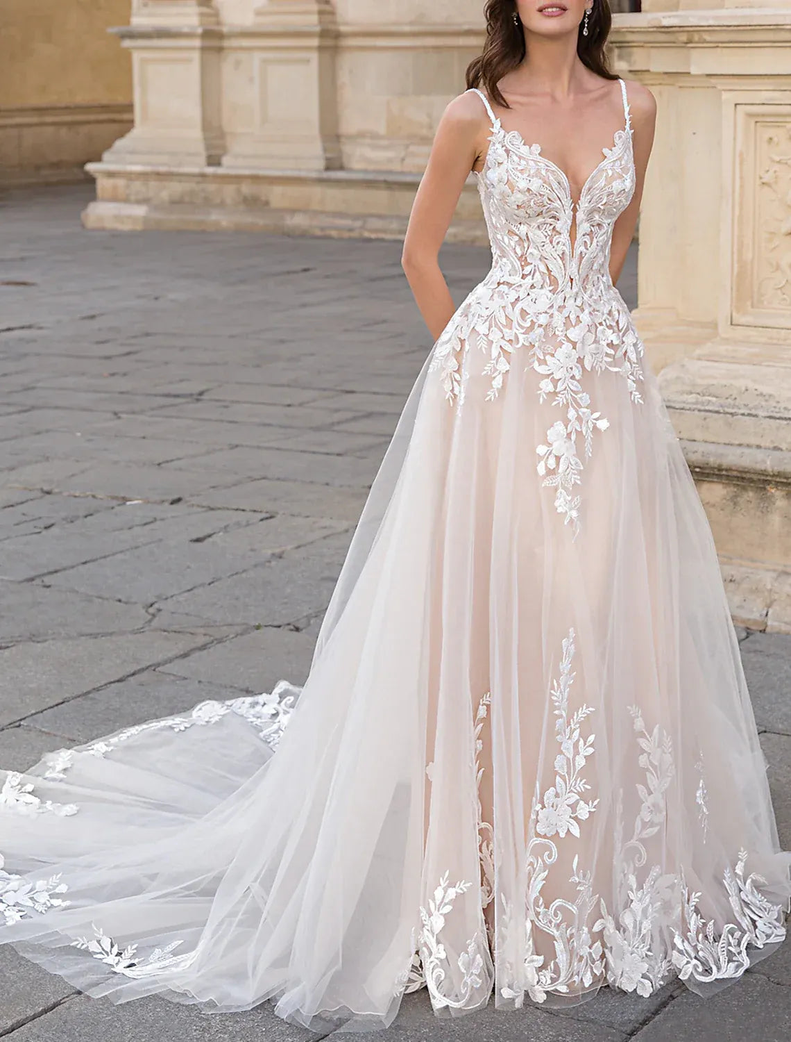 Spaghetti‑Strap 3D Floral‑Lace Champagne‑Tulle A‑Line Wedding Dress With Low‑Back Detail