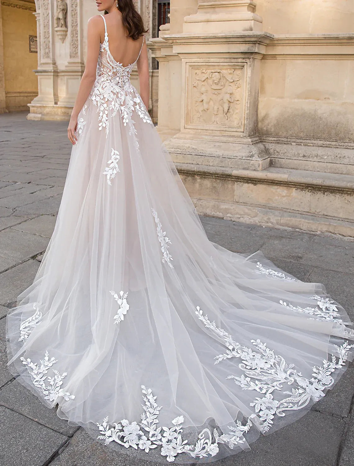 Spaghetti‑Strap 3D Floral‑Lace Champagne‑Tulle A‑Line Wedding Dress With Low‑Back Detail